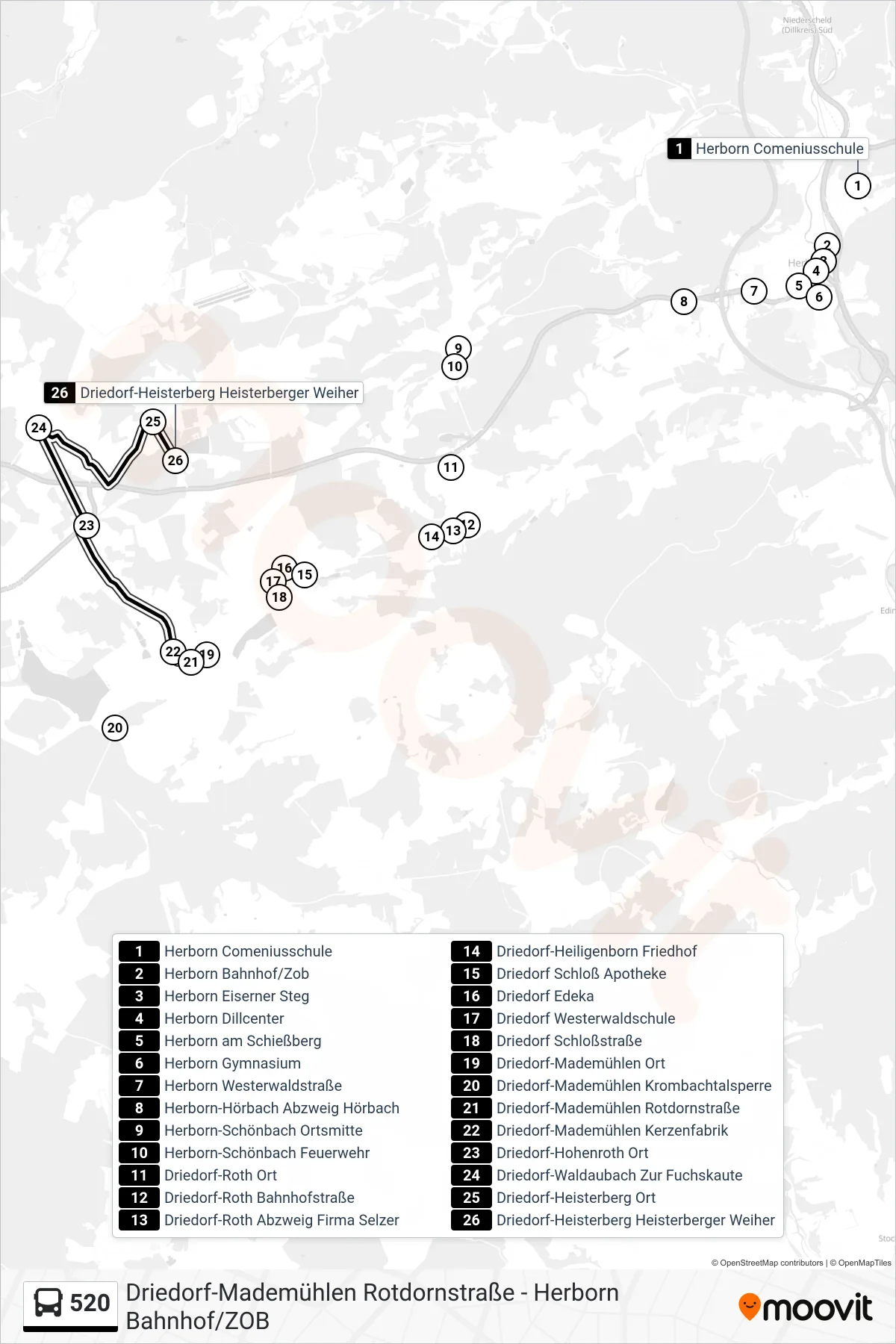 520 bus Line (Driedorf-Heisterberg Heisterberger Weiher) route and stops on a map