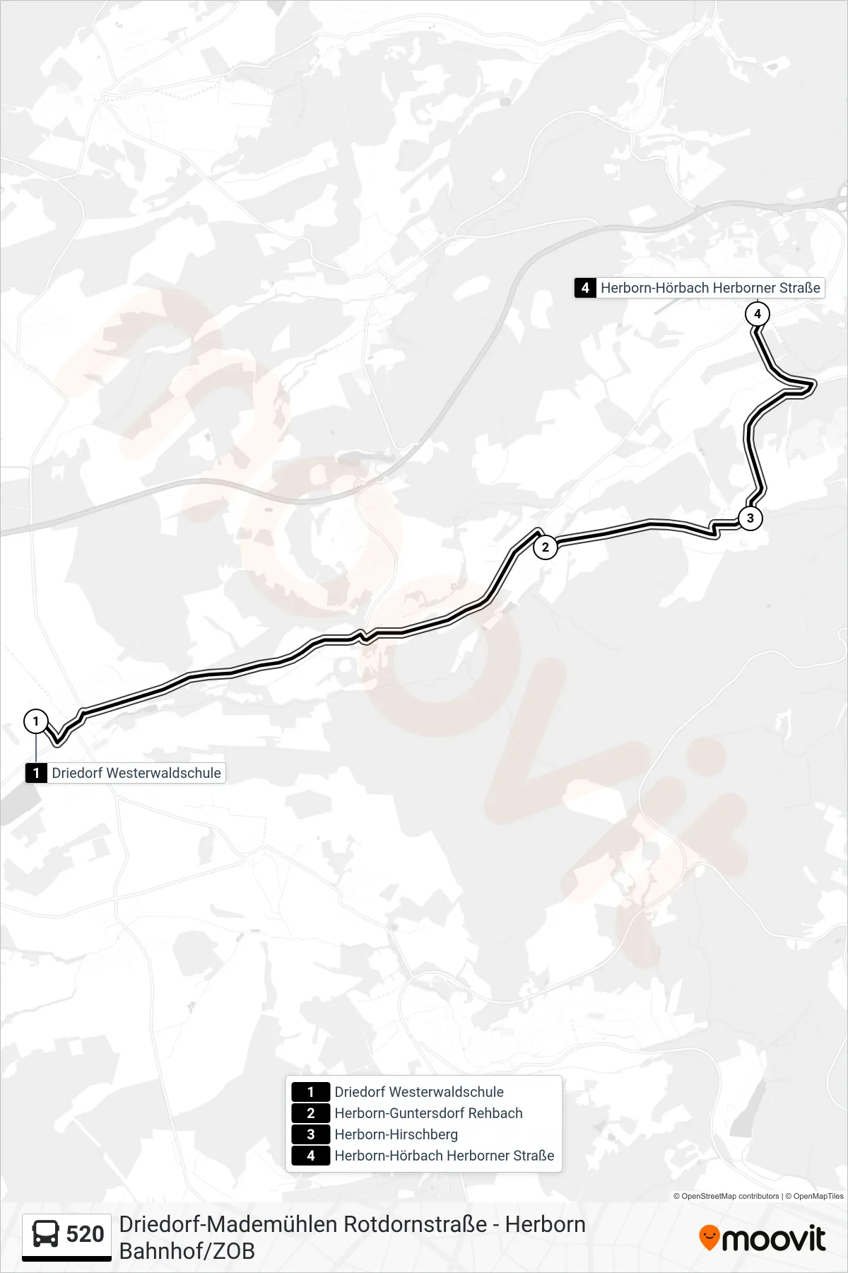 520 bus Line (Herborn-Hörbach Herborner Straße) route and stops on a map