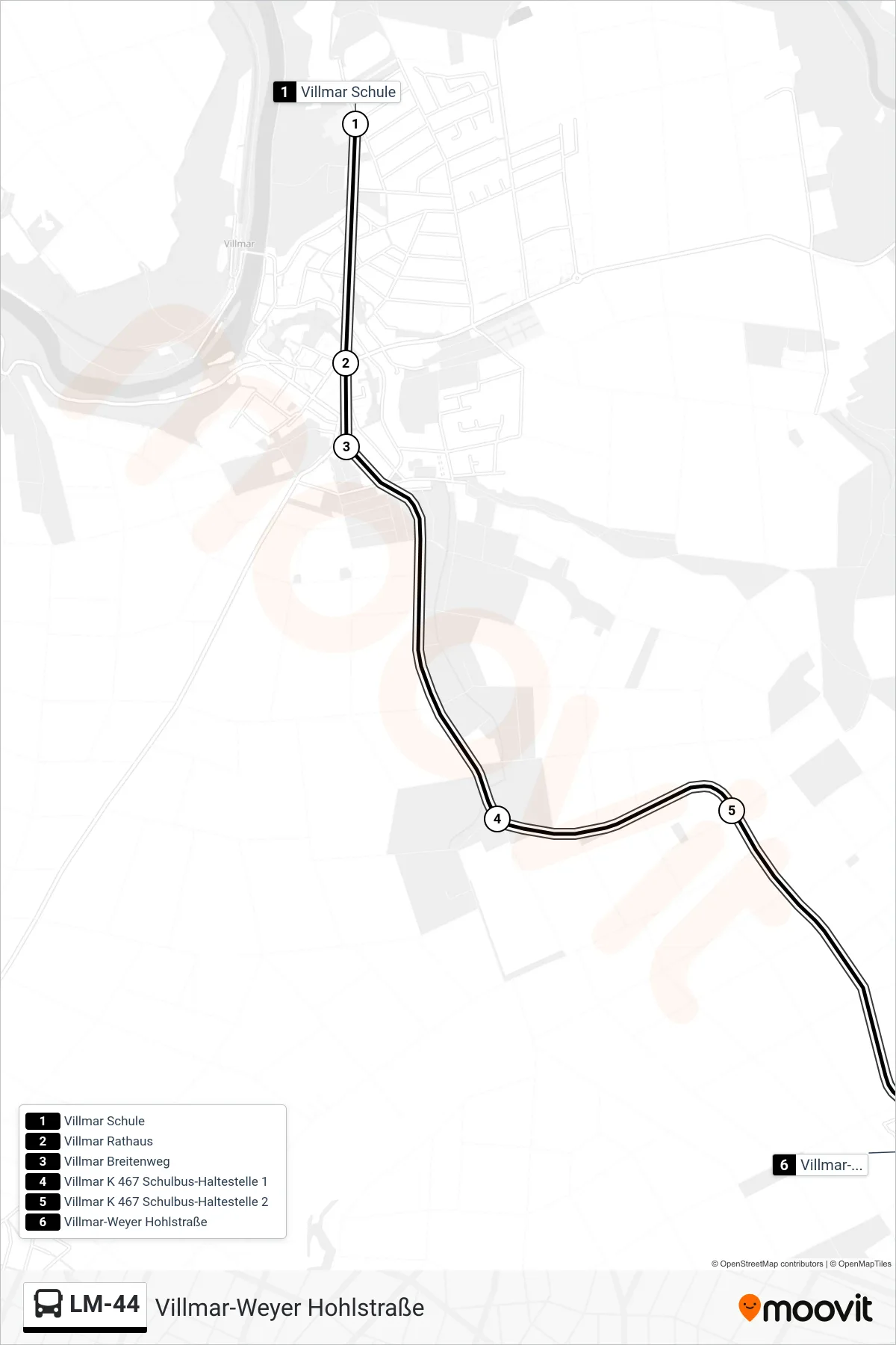LM-44 bus Line (Villmar-Weyer Hohlstraße) route and stops on a map
