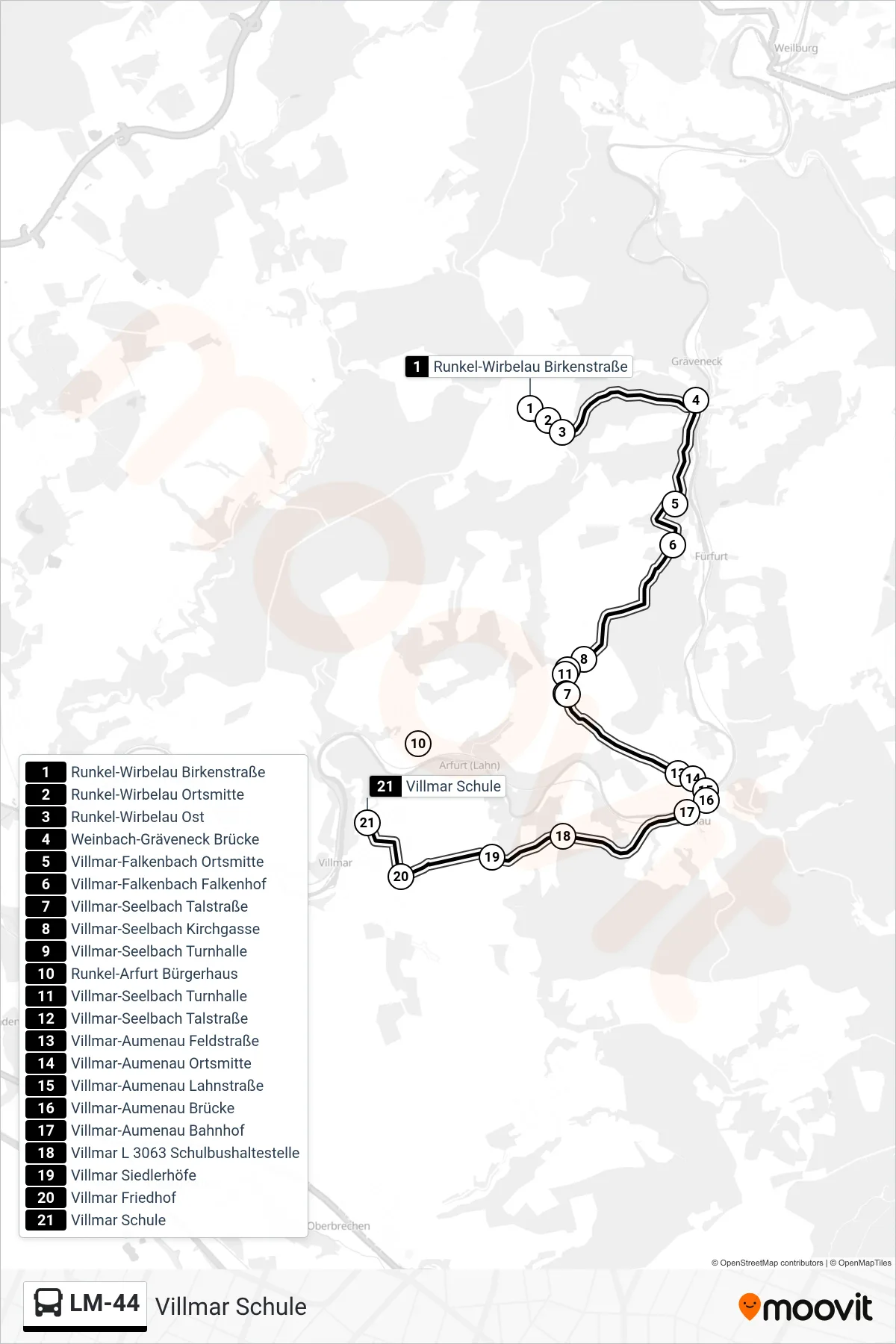 LM-44 bus Line (Villmar Schule) route and stops on a map