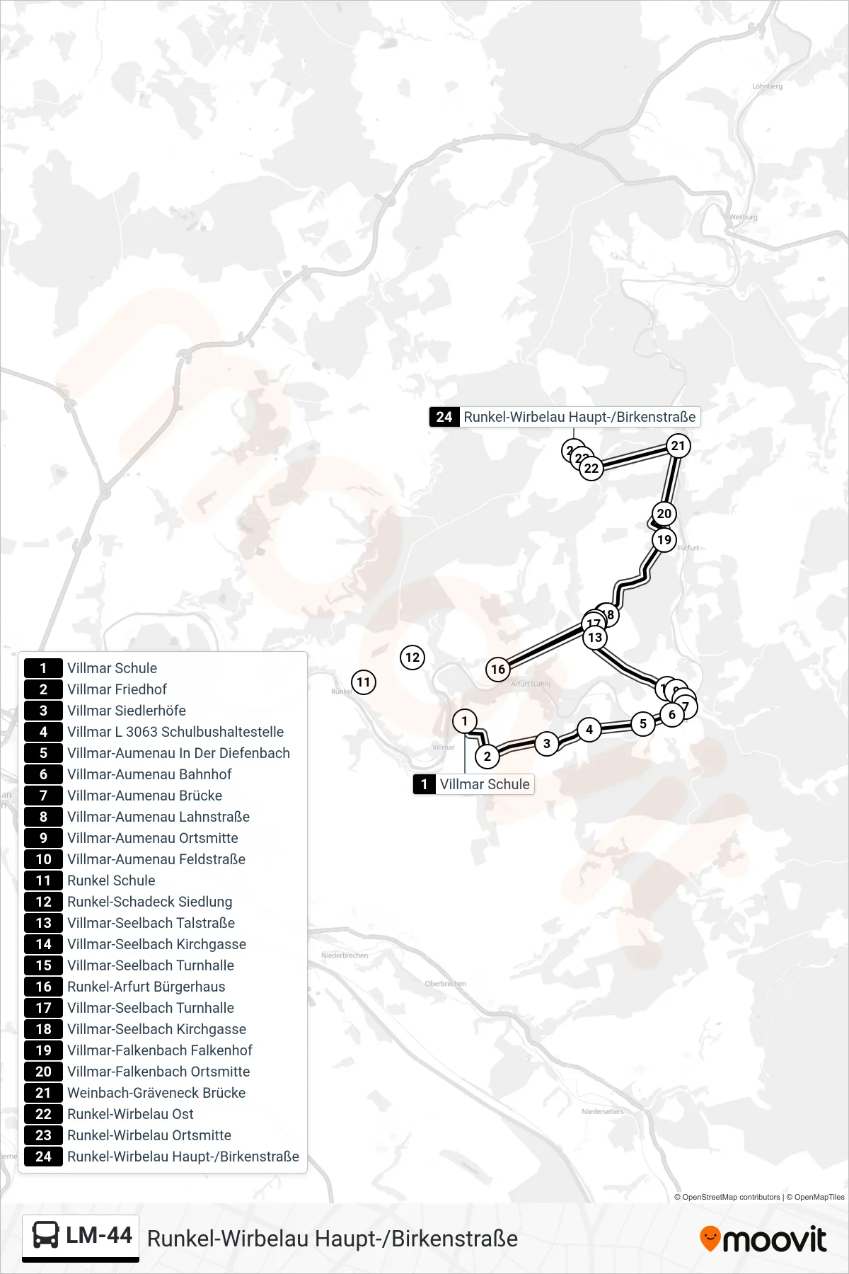 Linie LM-44 (Bus) Richtung Runkel-Wirbelau Haupt-/Birkenstraße: Route und Haltestellen auf der Karte