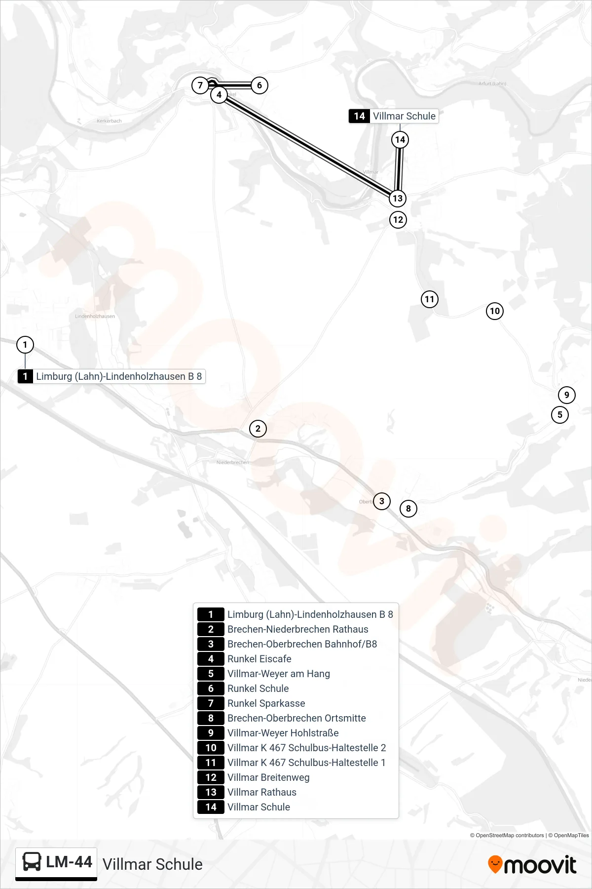 LM-44 bus Line (Villmar Schule) route and stops on a map
