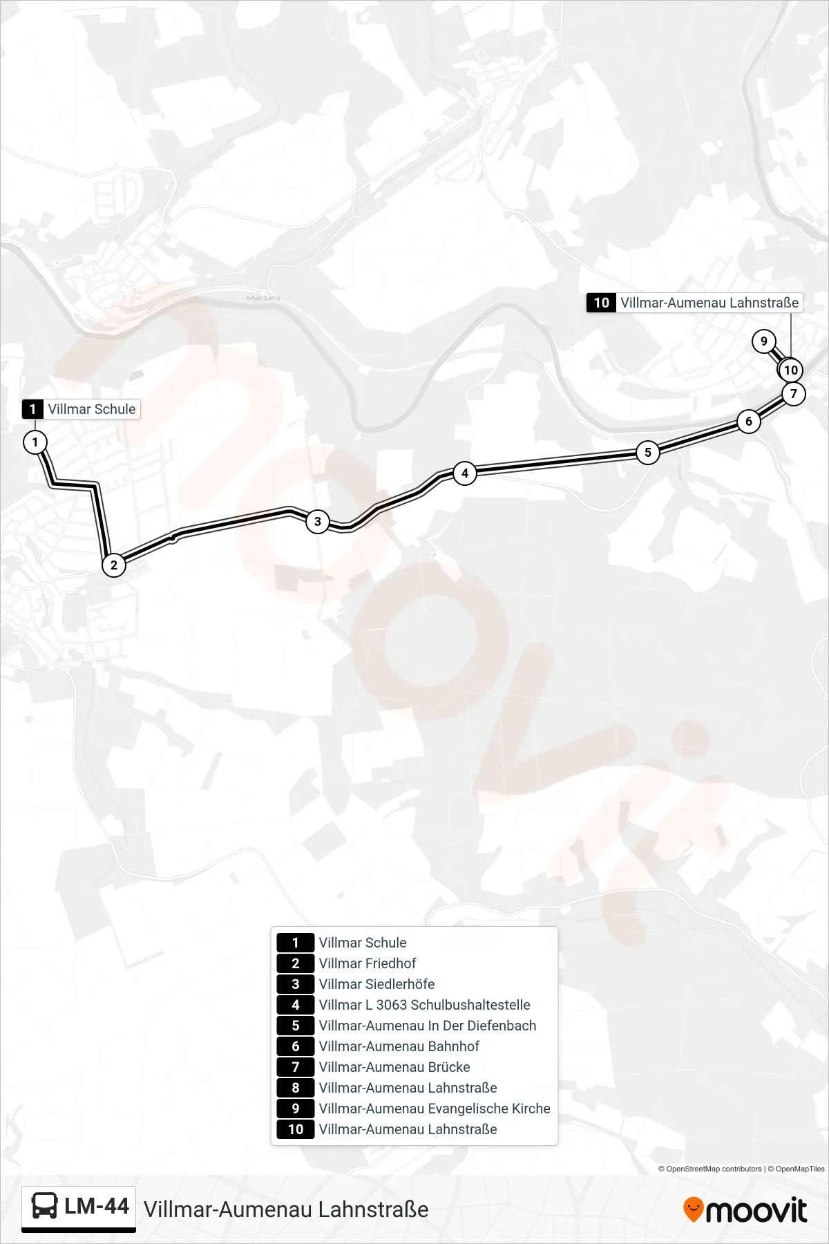 LM-44 bus Line (Villmar-Aumenau Lahnstraße) route and stops on a map