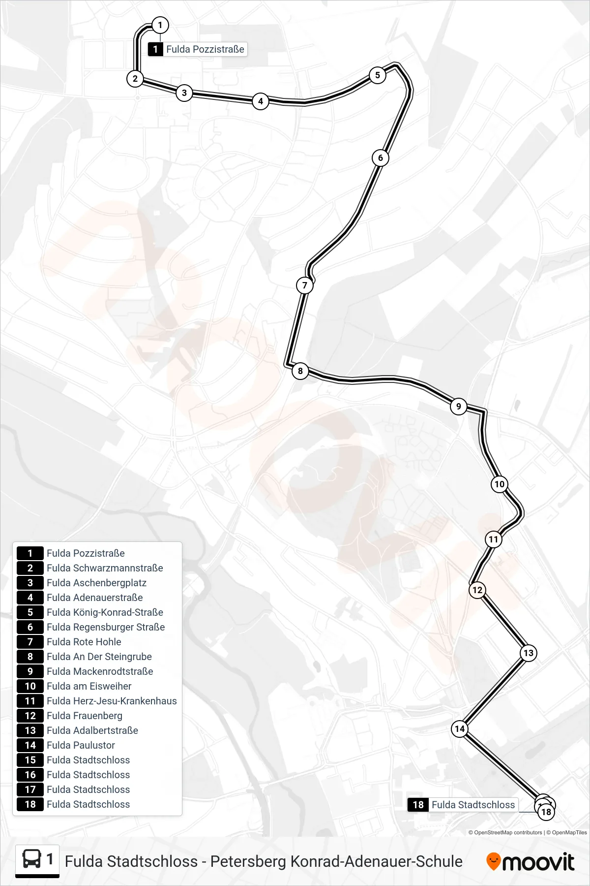 Linie 1 (Bus) Richtung Stadtschloss: Route und Haltestellen auf der Karte