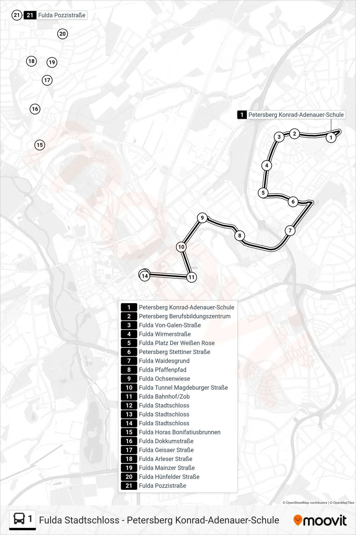 1 bus Line (Stadtschloss) route and stops on a map