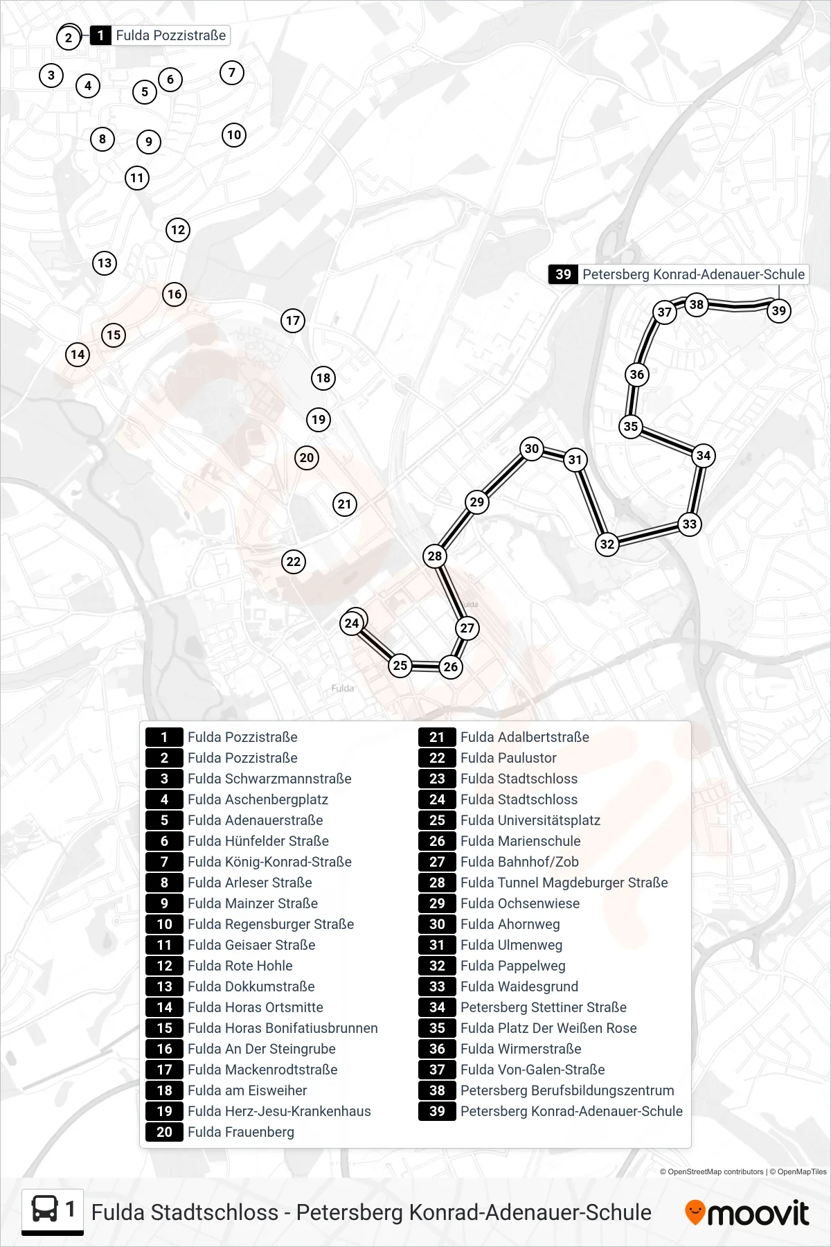 1 bus Line (Ziehers Nord) route and stops on a map