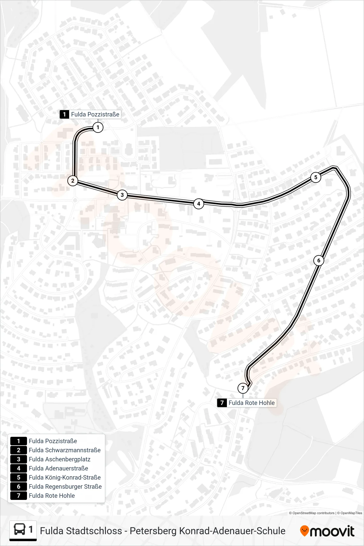 1 bus Line (Aschenberg) route and stops on a map
