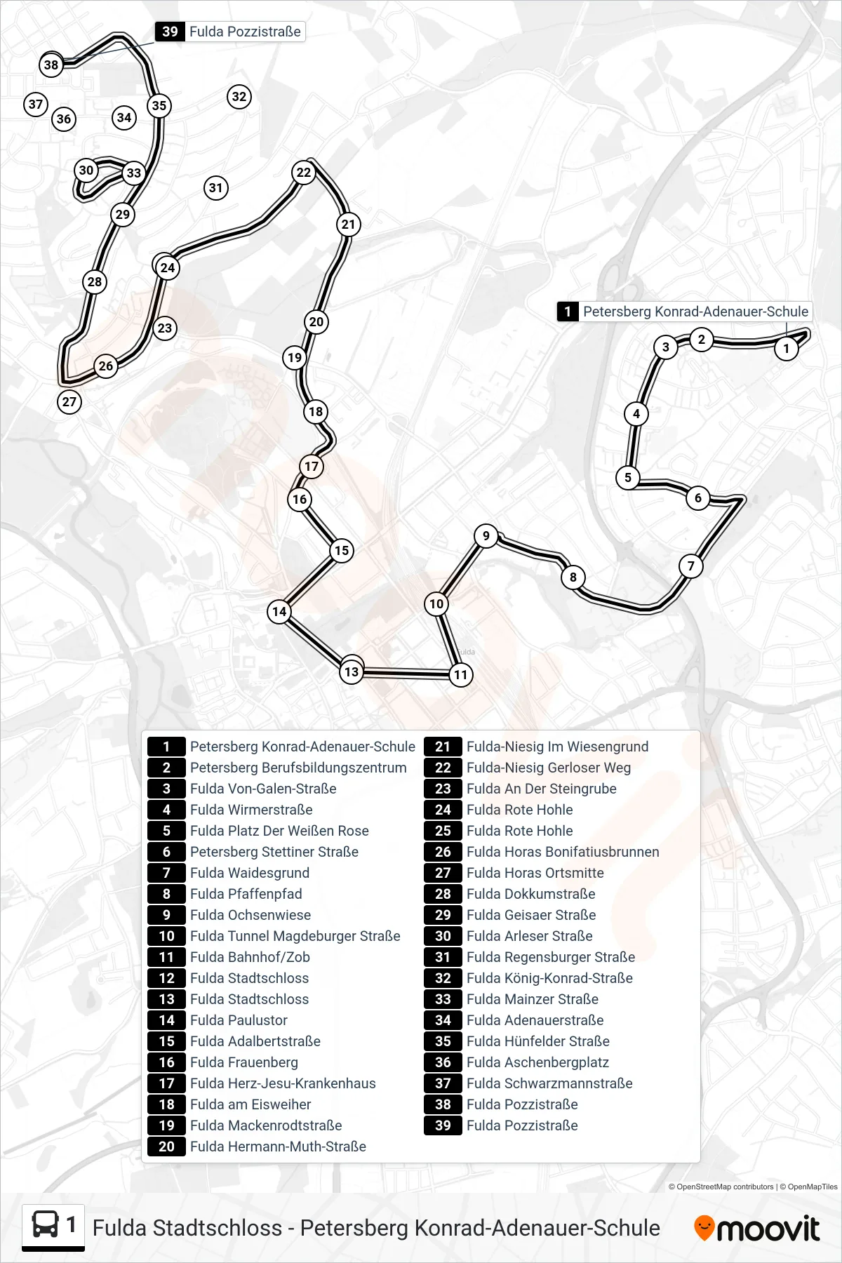 1 bus Line (Aschenberg) route and stops on a map