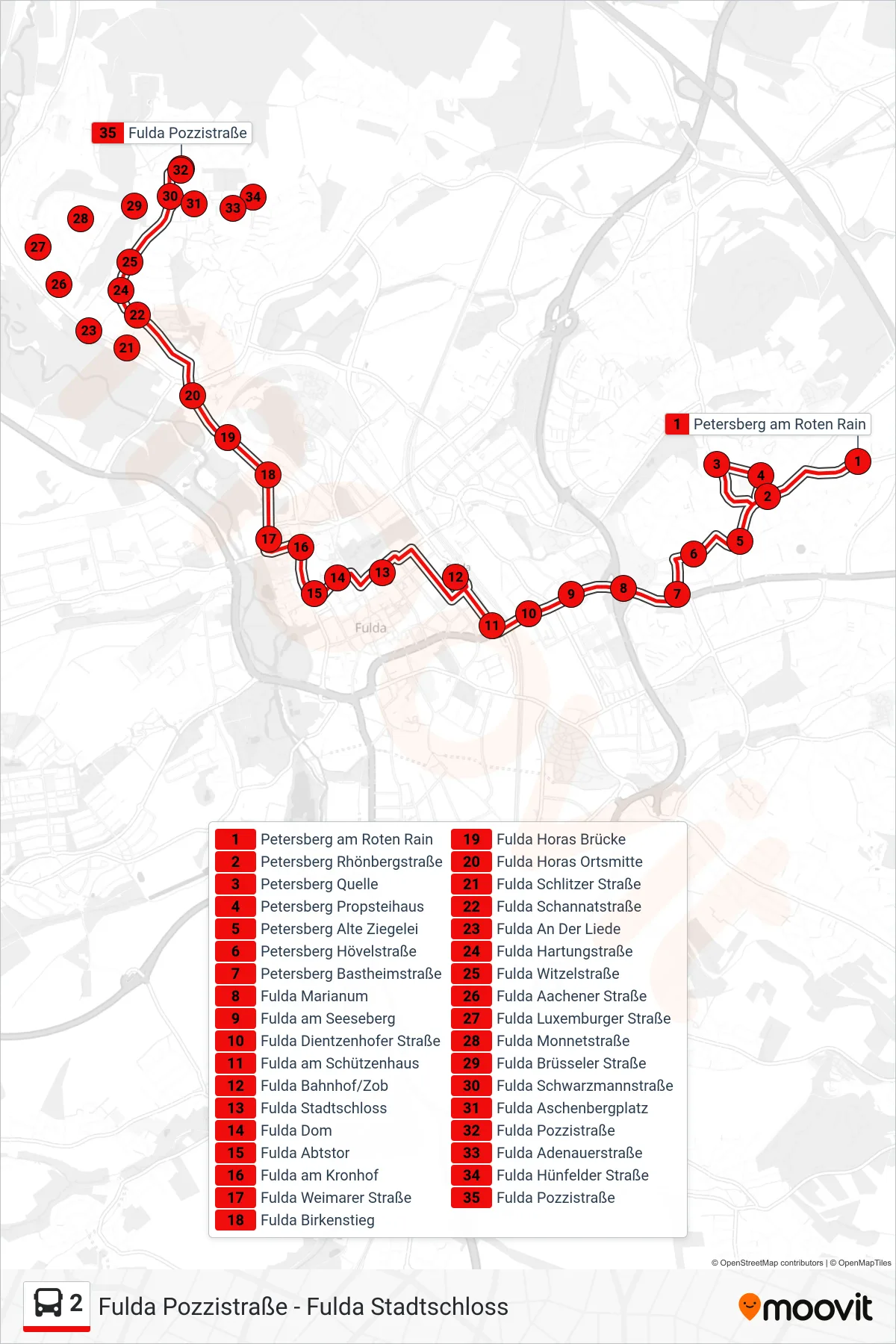 Linie 2 (Bus) Richtung Fulda Pozzistraße: Route und Haltestellen auf der Karte