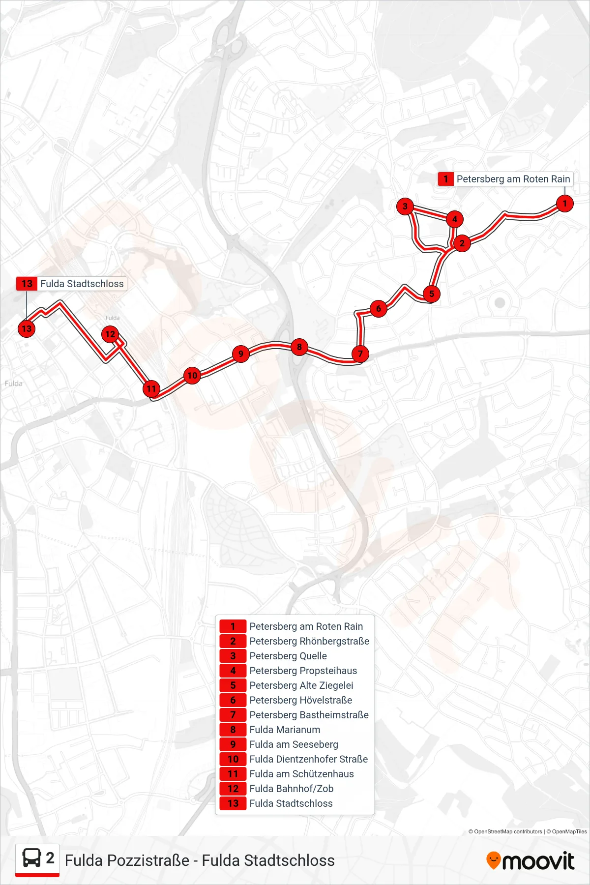 Linie 2 (Bus) Richtung Stadtschloss: Route und Haltestellen auf der Karte
