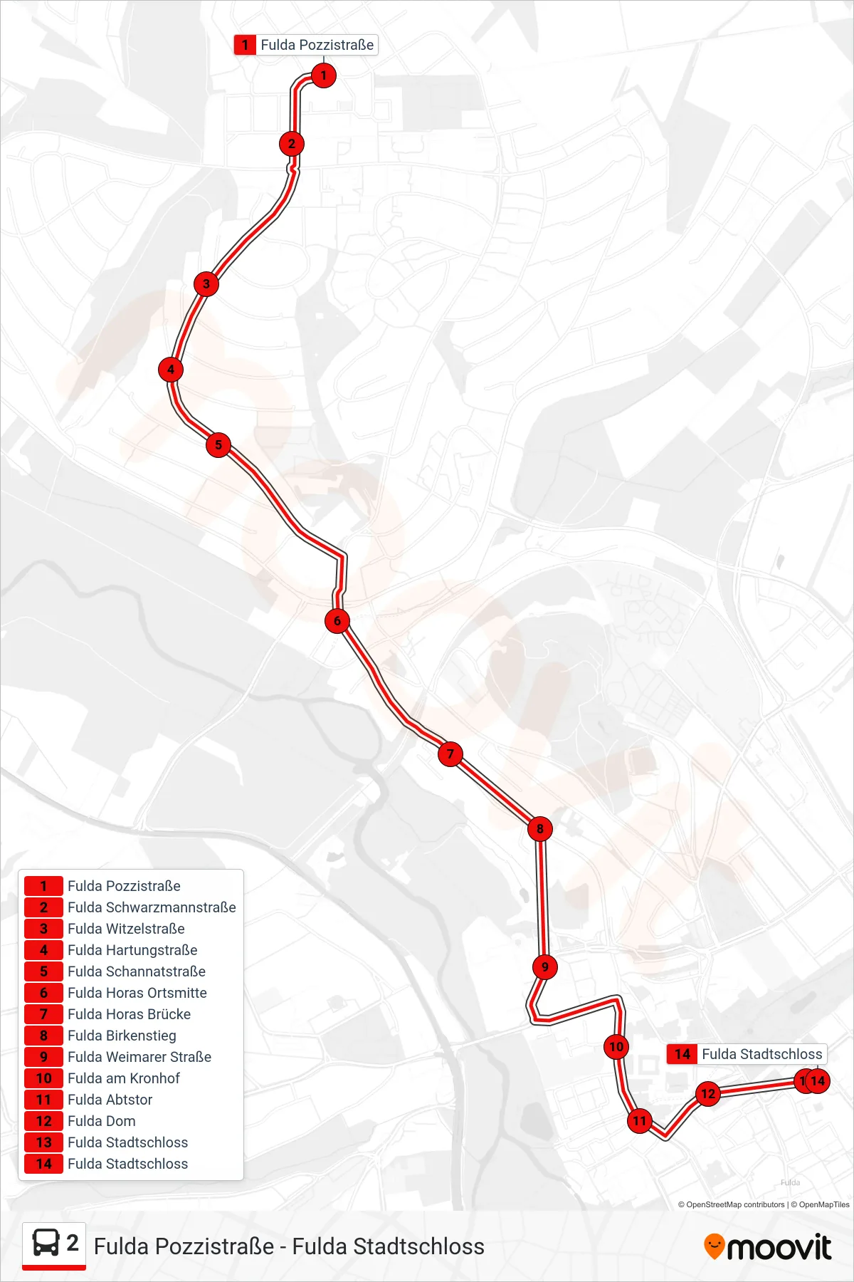 2 bus Line (Stadtschloss) route and stops on a map