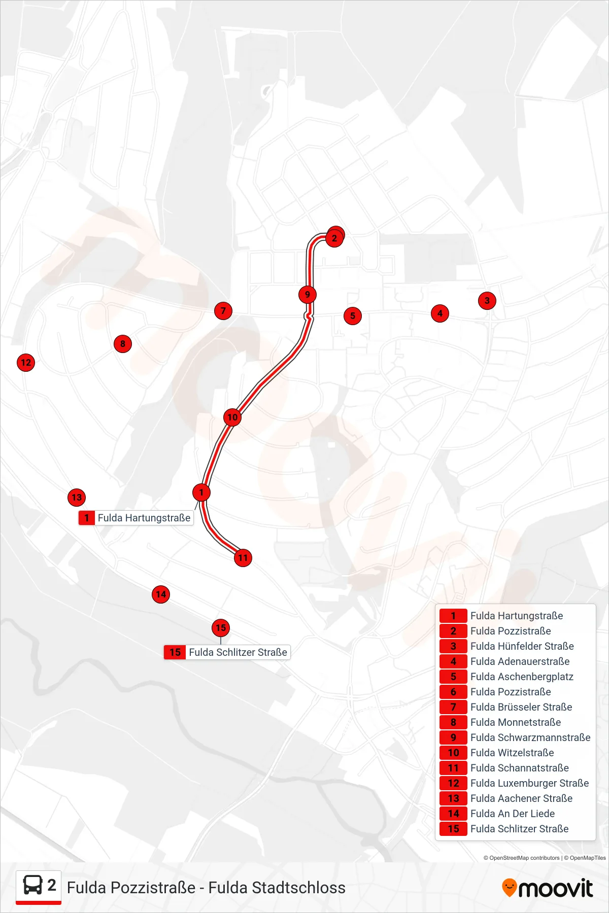 2 bus Line (Aschenberg) route and stops on a map