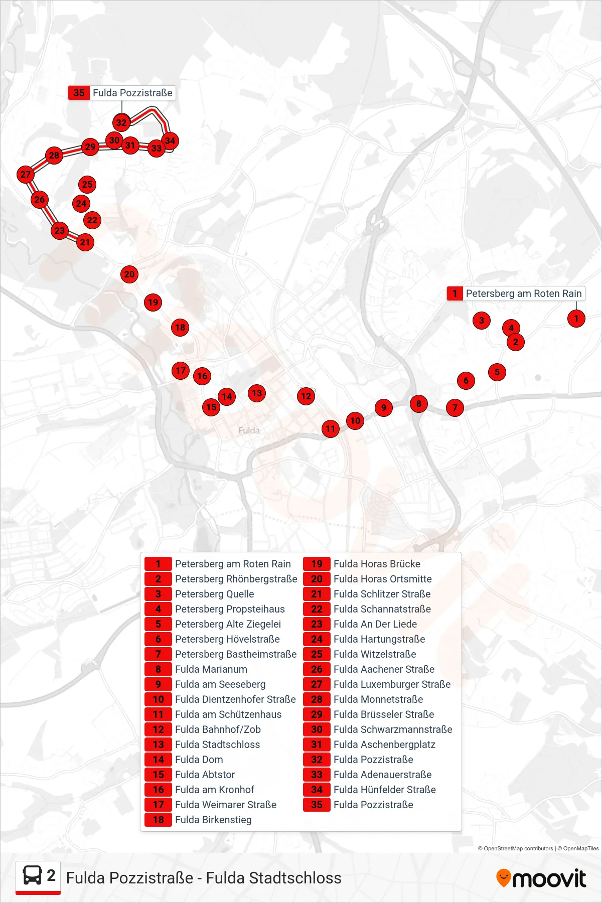 2 bus Line (Aschenberg) route and stops on a map