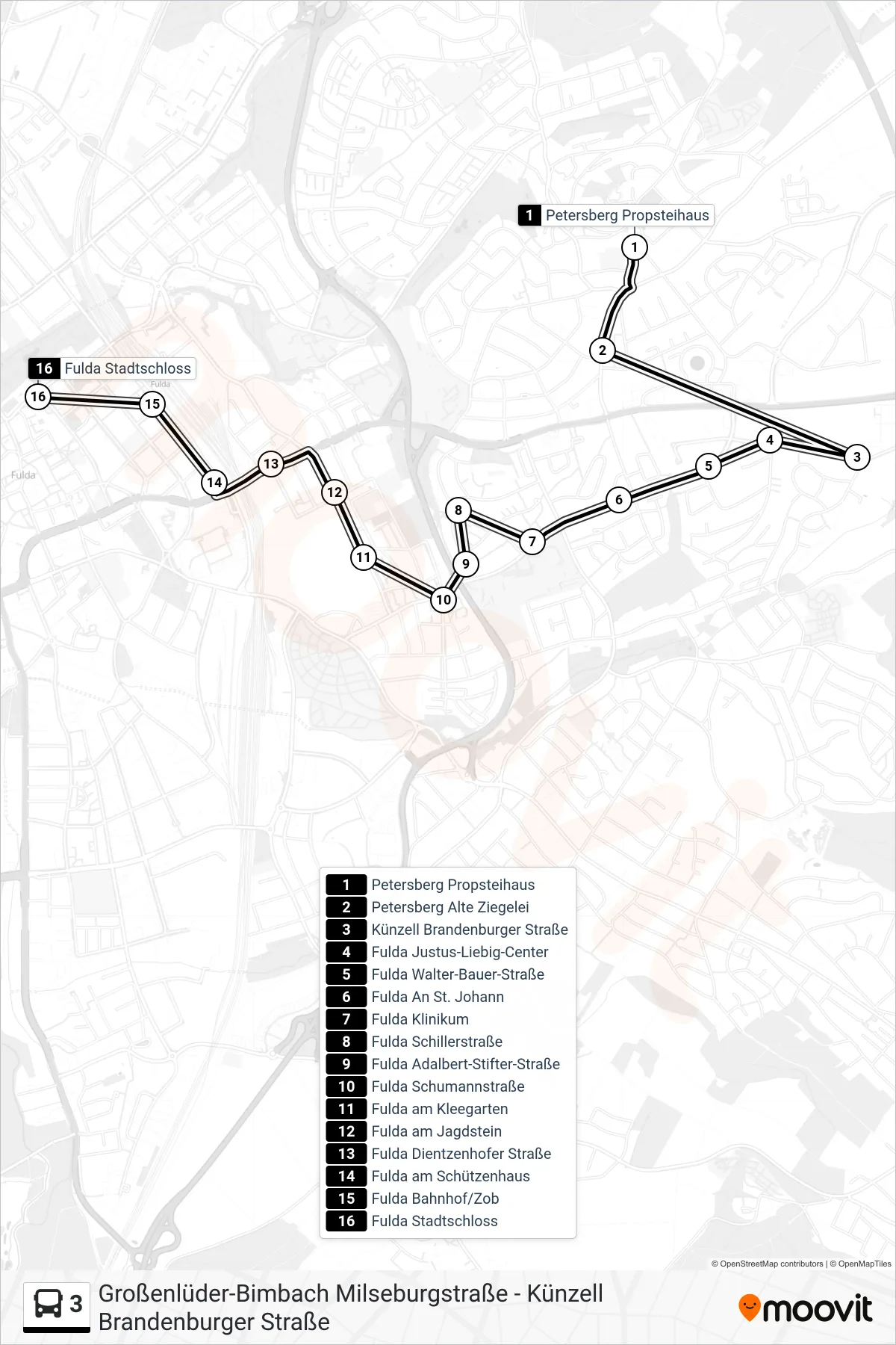 3 bus Line (Stadtschloss) route and stops on a map