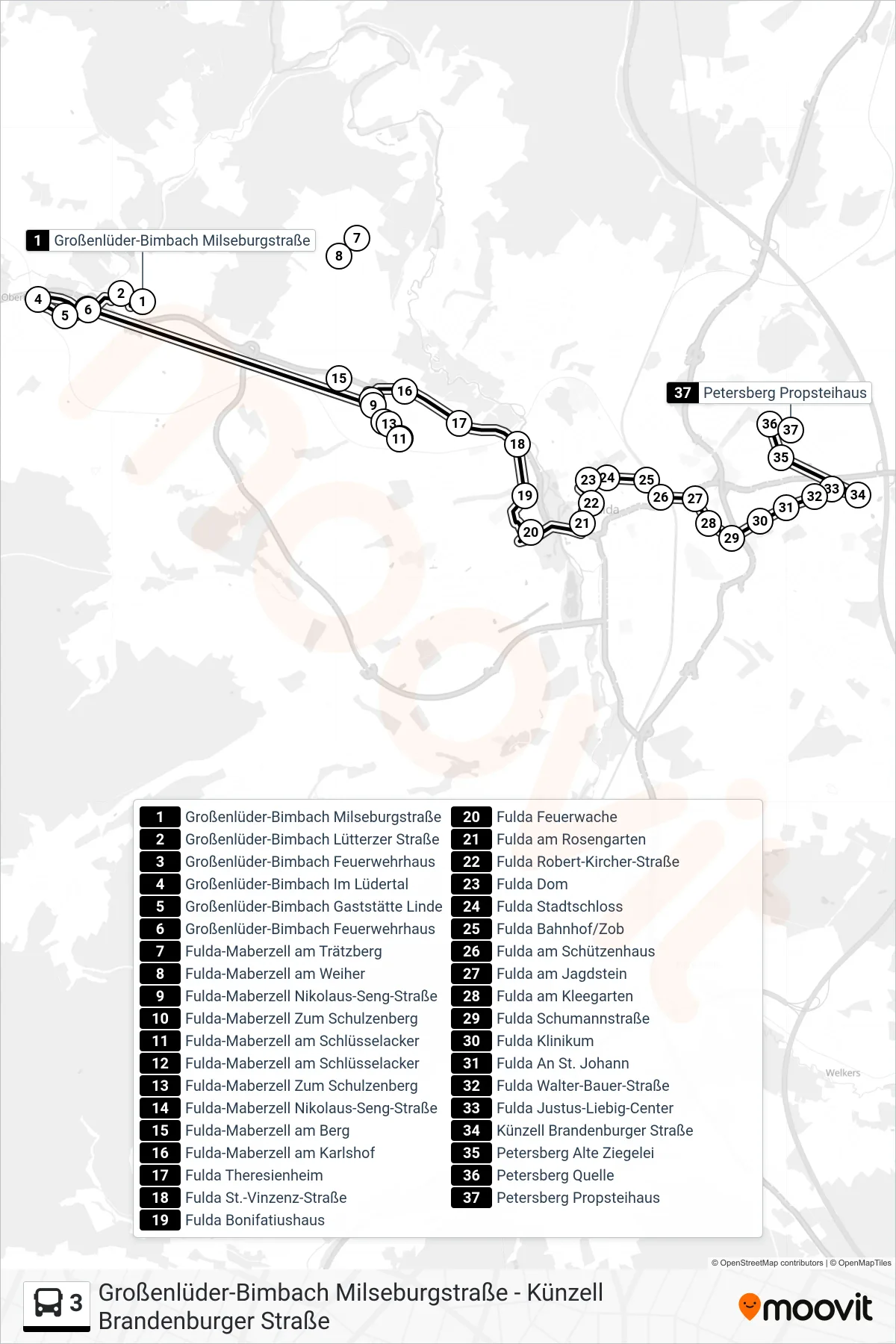 3 bus Line (Petersberg) route and stops on a map
