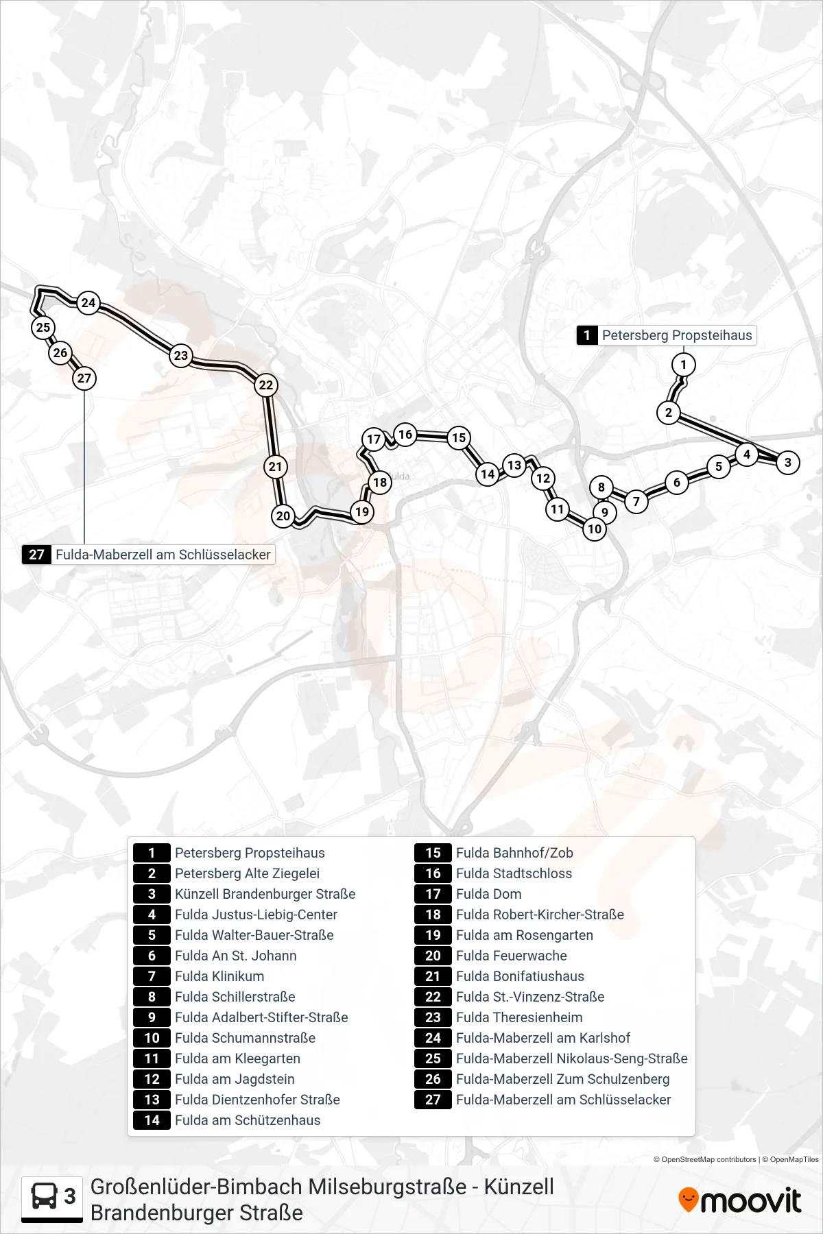 3 bus Line (Maberzell) route and stops on a map