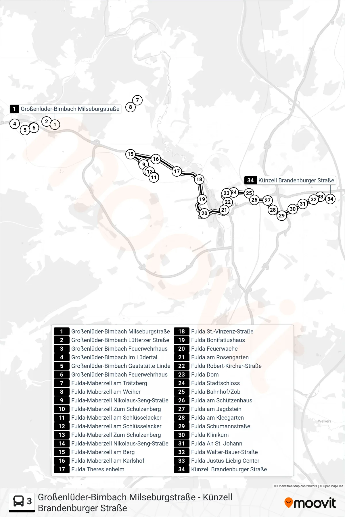 3 bus Line (Ziehers Süd) route and stops on a map