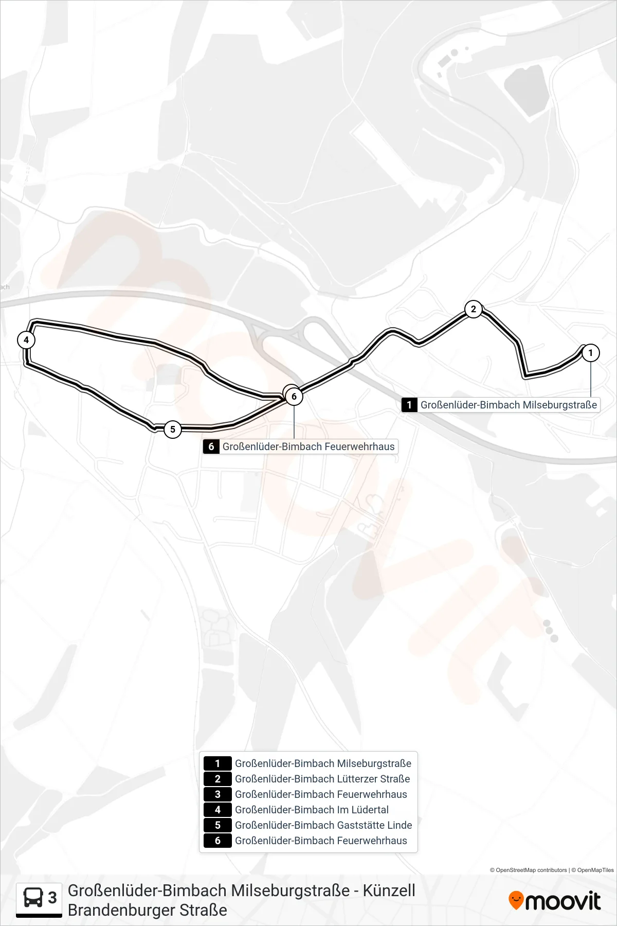 3 bus Line (Bimbach) route and stops on a map