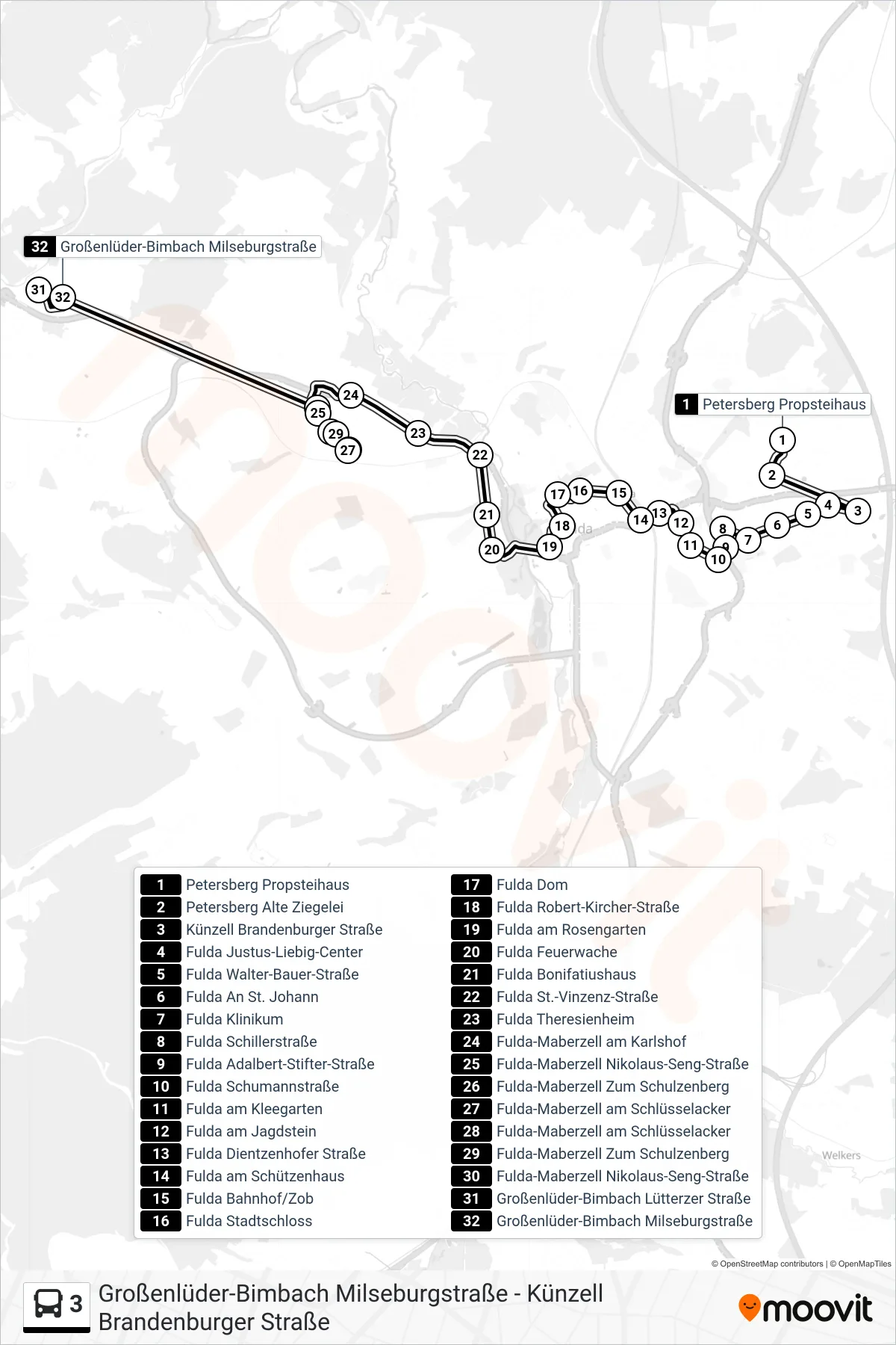 3 bus Line (Bimbach) route and stops on a map