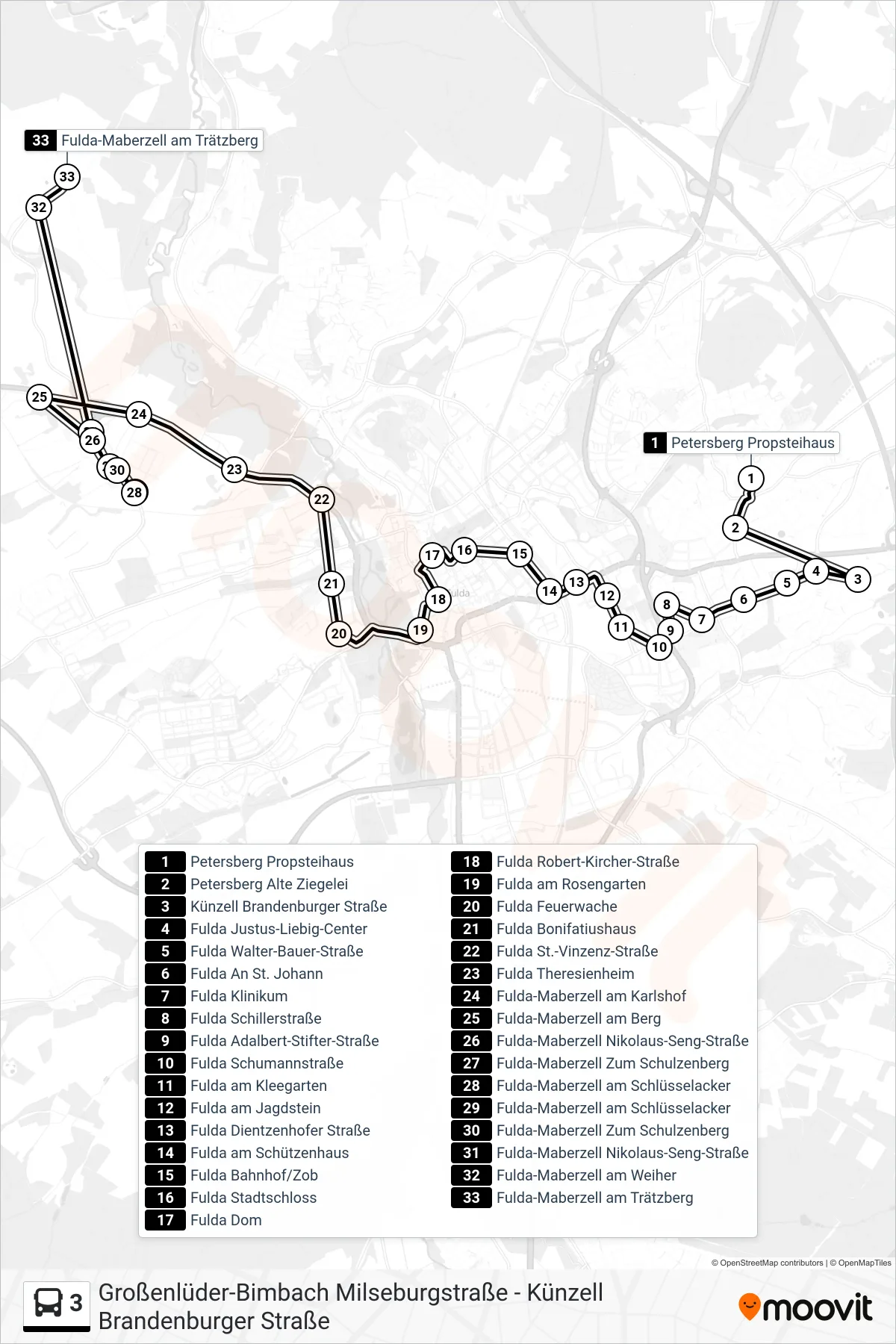 3 bus Line (Trätzhof) route and stops on a map