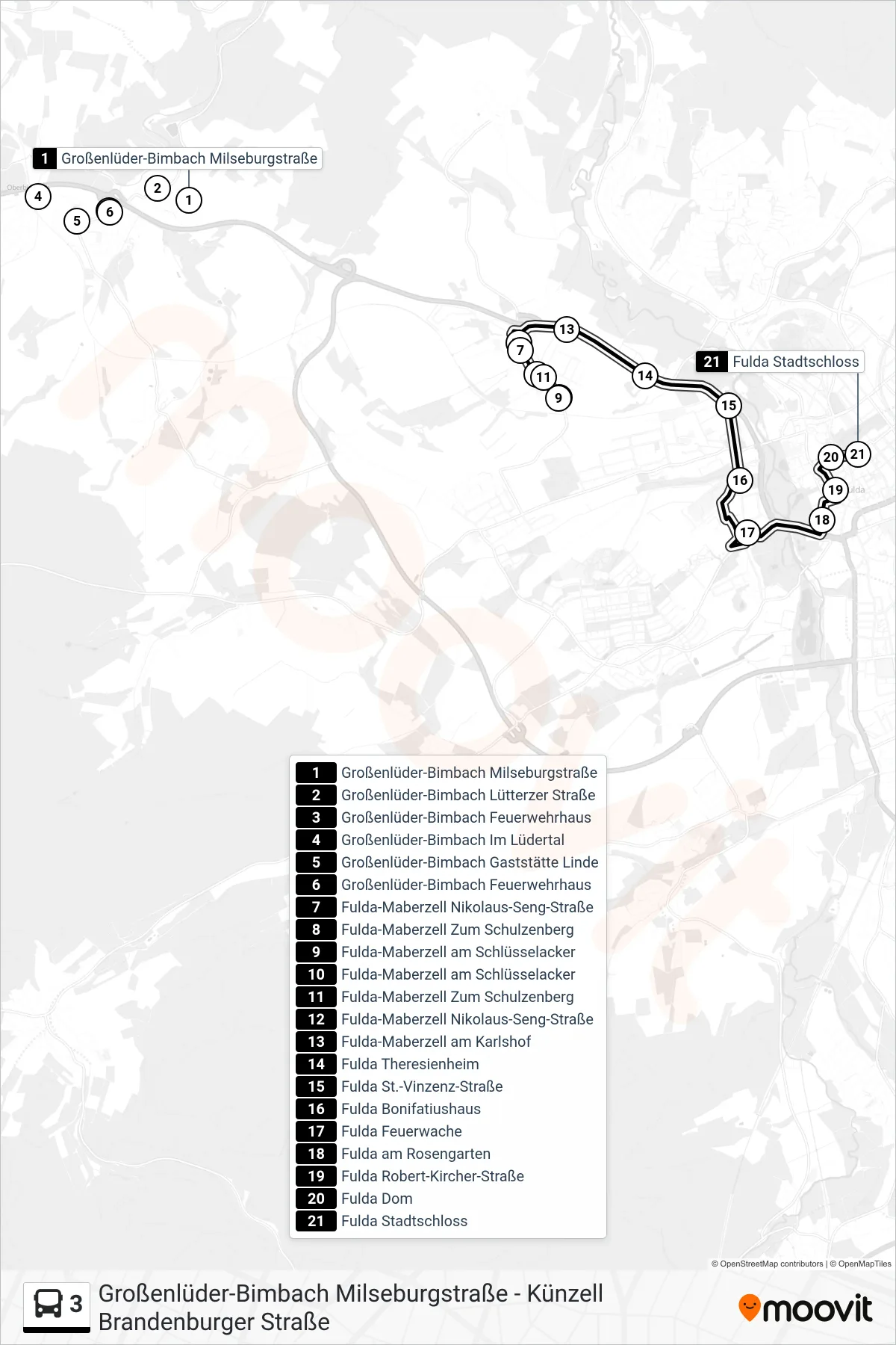3 bus Line (Stadtschloss) route and stops on a map