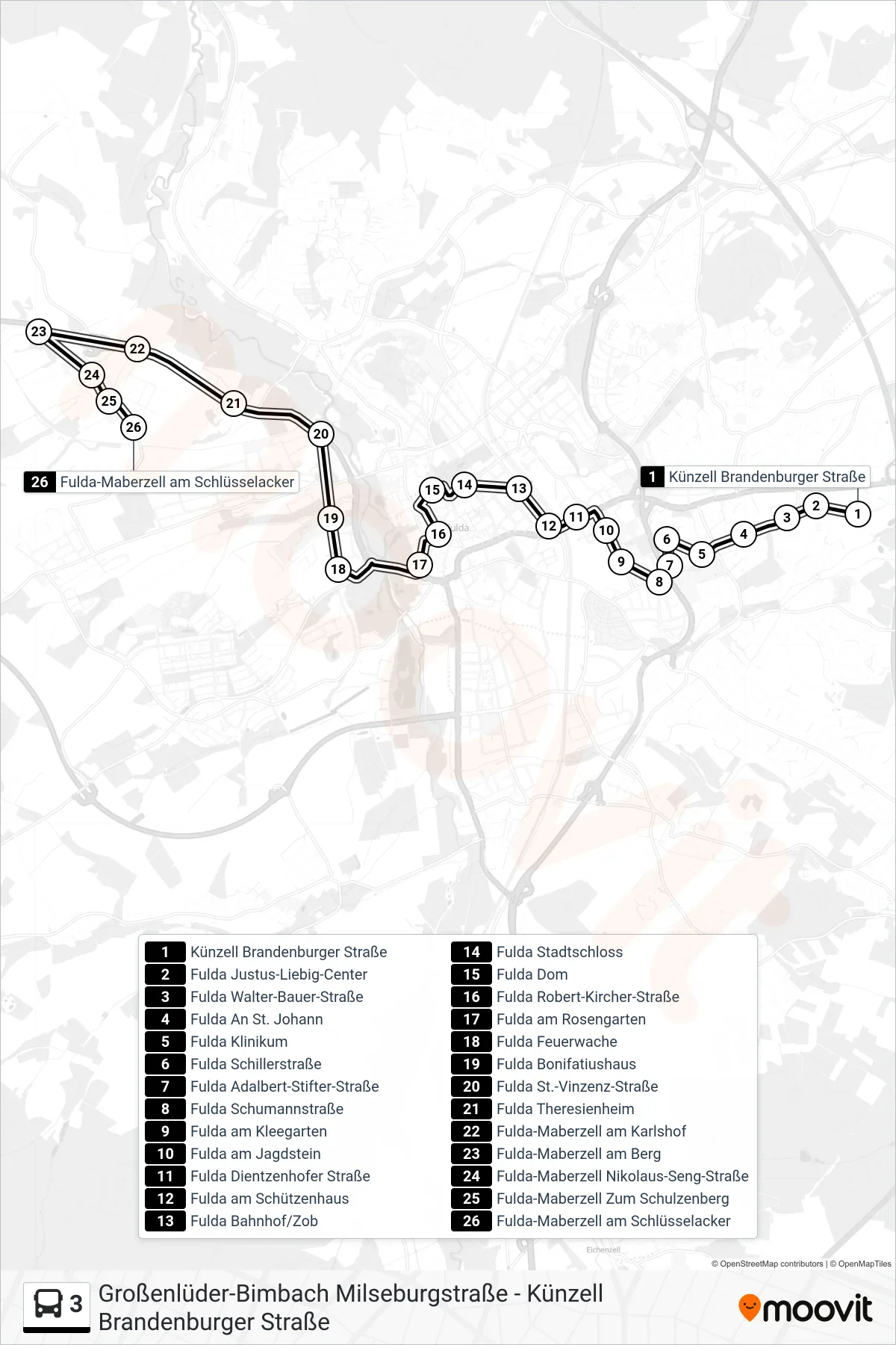 Linie 3 (Bus) Richtung Fulda-Maberzell am Schlüsselacker: Route und Haltestellen auf der Karte