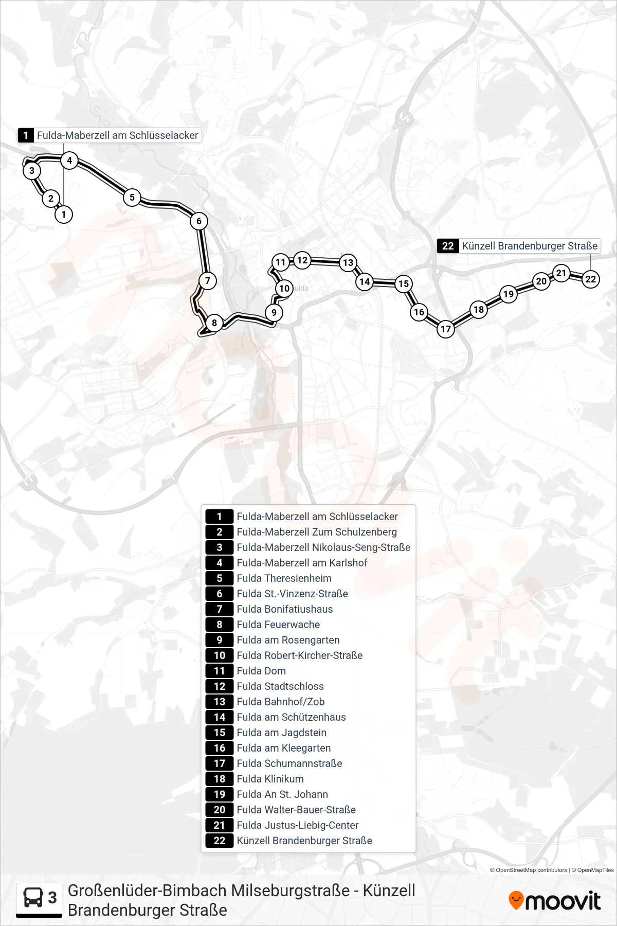 3 bus Line (Künzell Brandenburger Straße) route and stops on a map