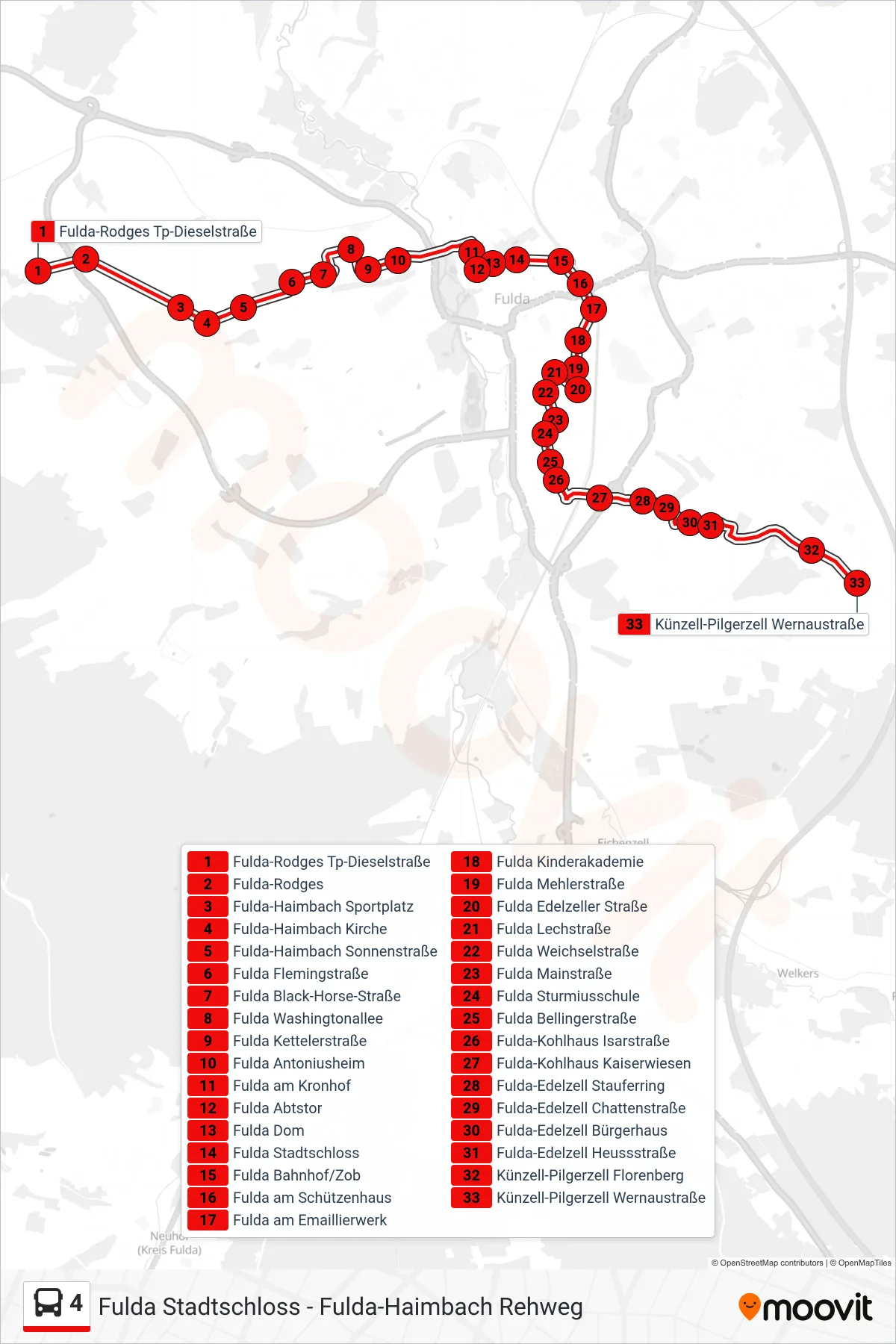 Linie 4 (Bus) Richtung Künzell-Pilgerzell Wernaustraße: Route und Haltestellen auf der Karte
