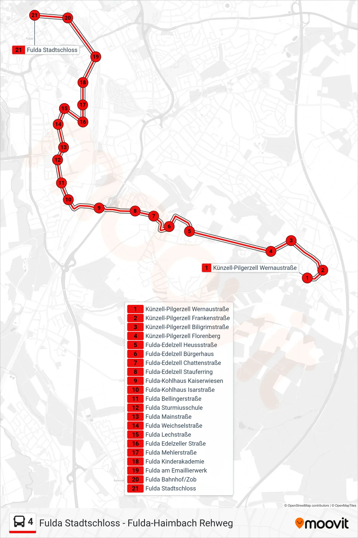 4 bus Line (Stadtschloss) route and stops on a map