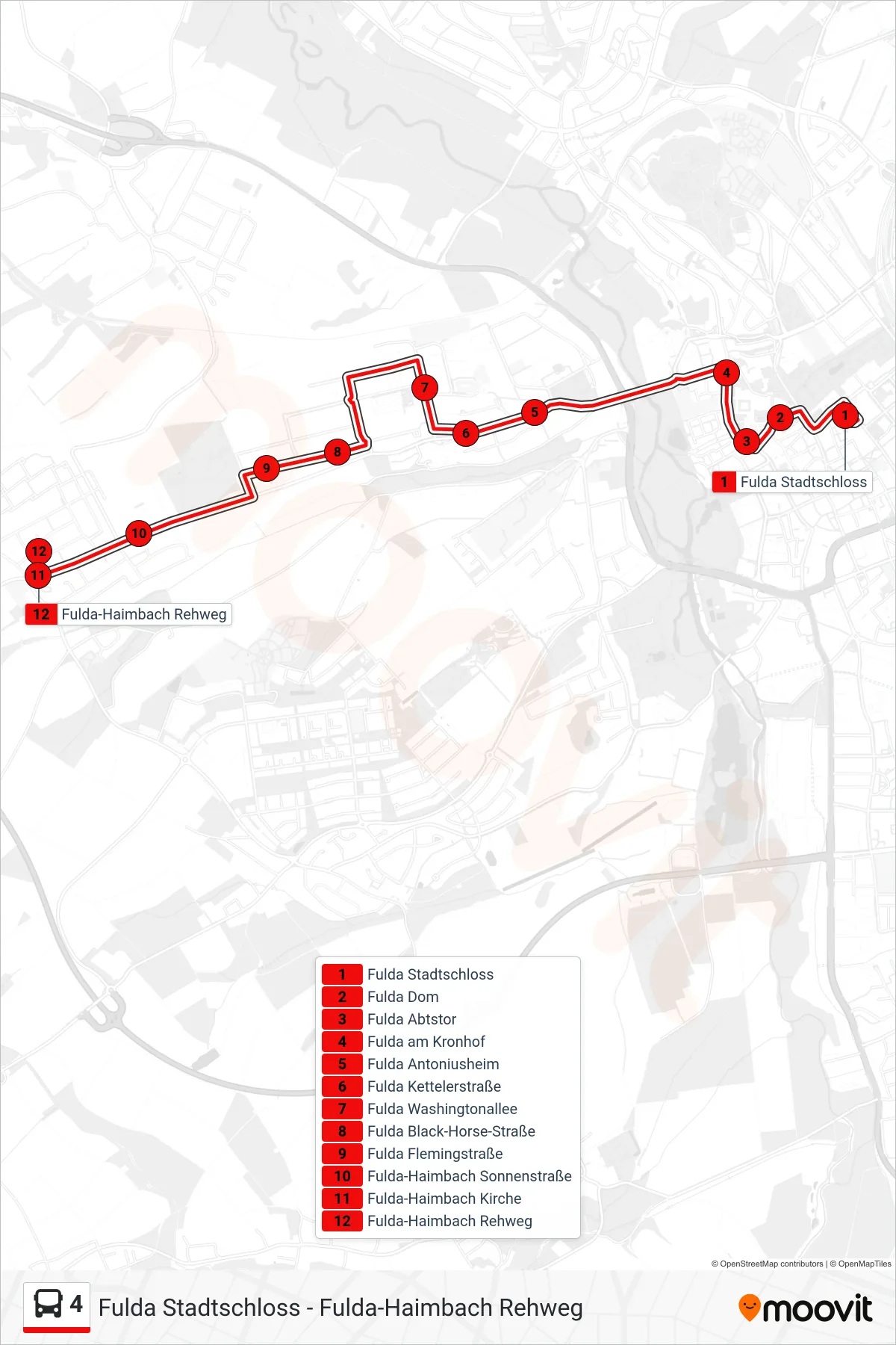 4 bus Line (Haimbach Rehweg) route and stops on a map