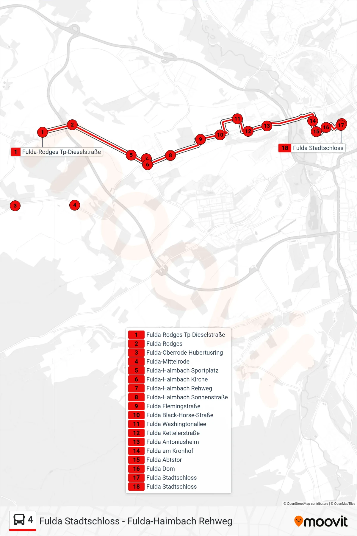 4 bus Line (Stadtschloss) route and stops on a map