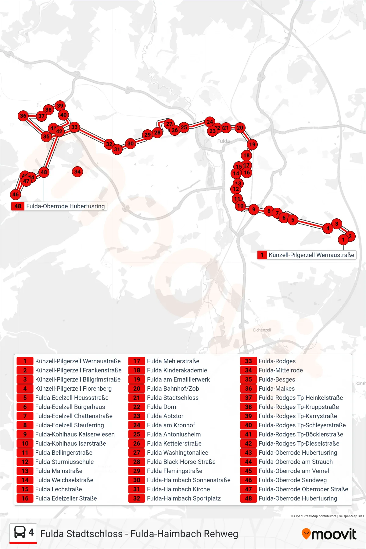 4 bus Line (Fulda-Oberrode Hubertusring) route and stops on a map