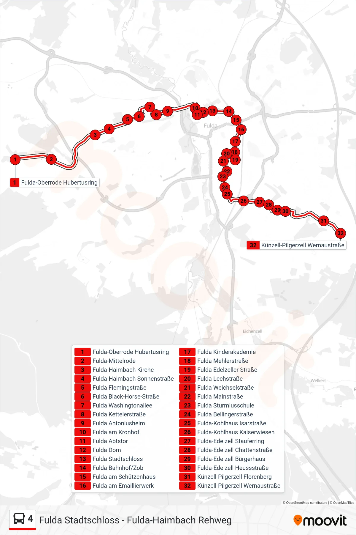 4 bus Line (Pilgerzell) route and stops on a map