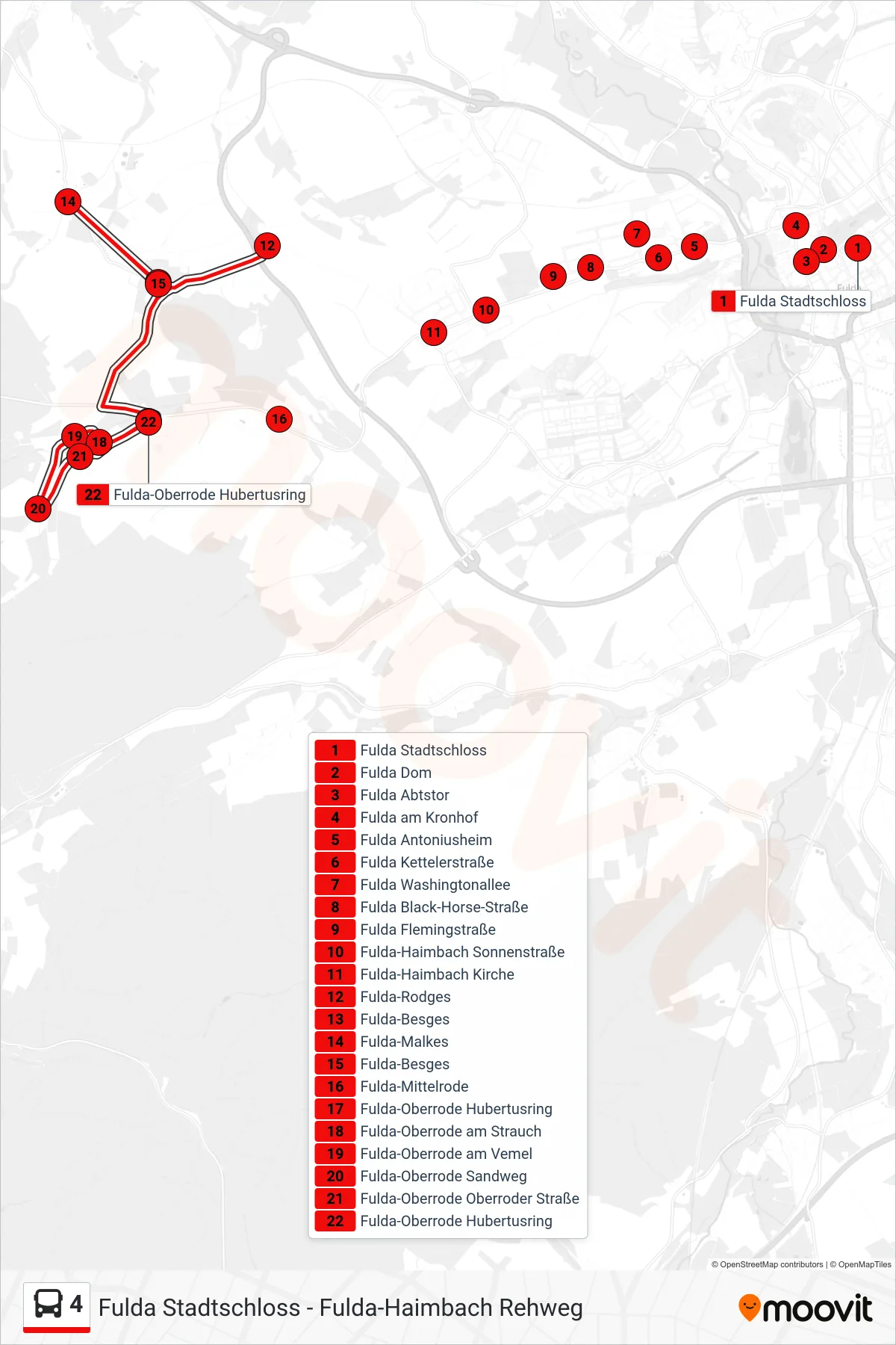 4 bus Line (Oberrode) route and stops on a map