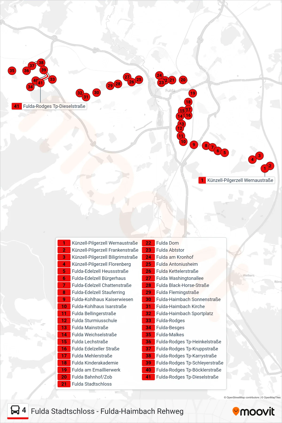 4 bus Line (Technologiepark) route and stops on a map