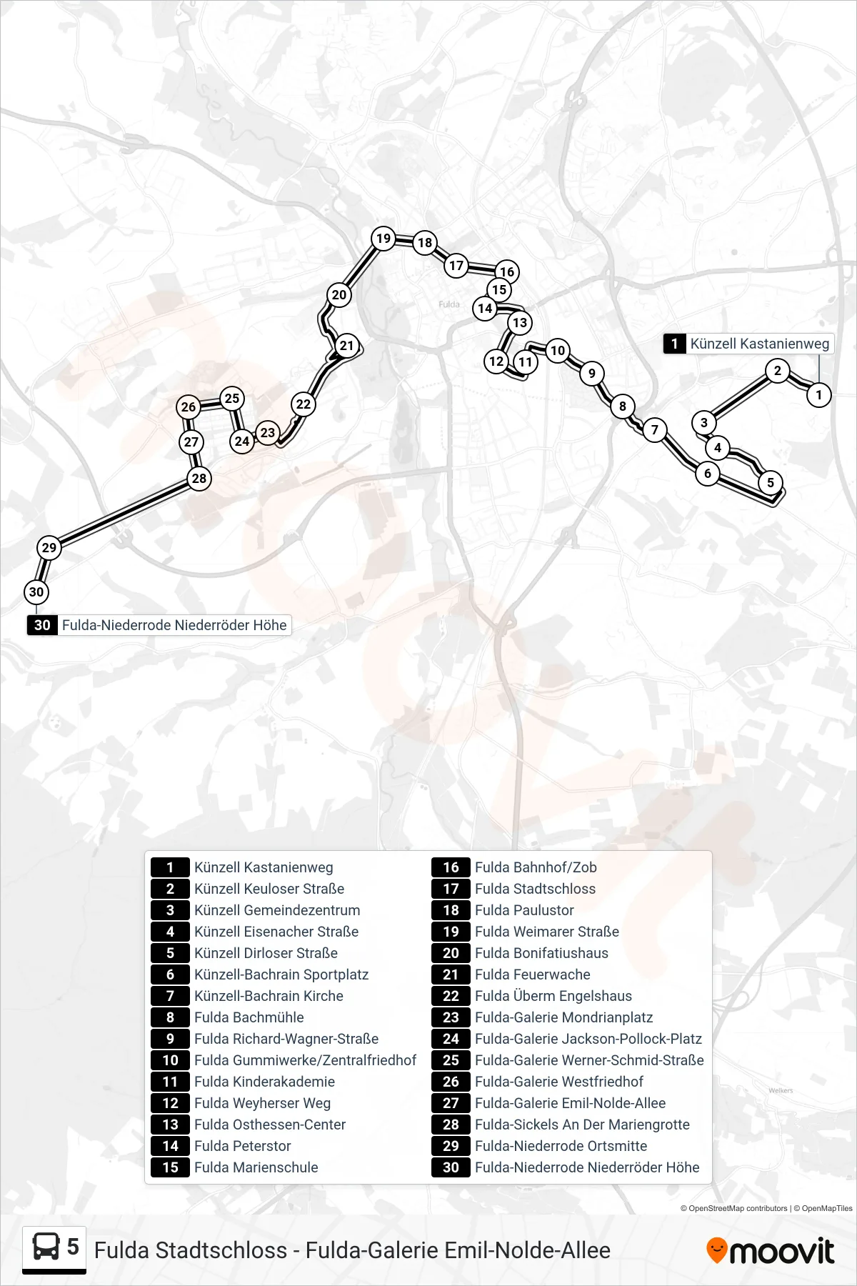 5 bus Line (Fulda-Niederrode Niederröder Höhe) route and stops on a map