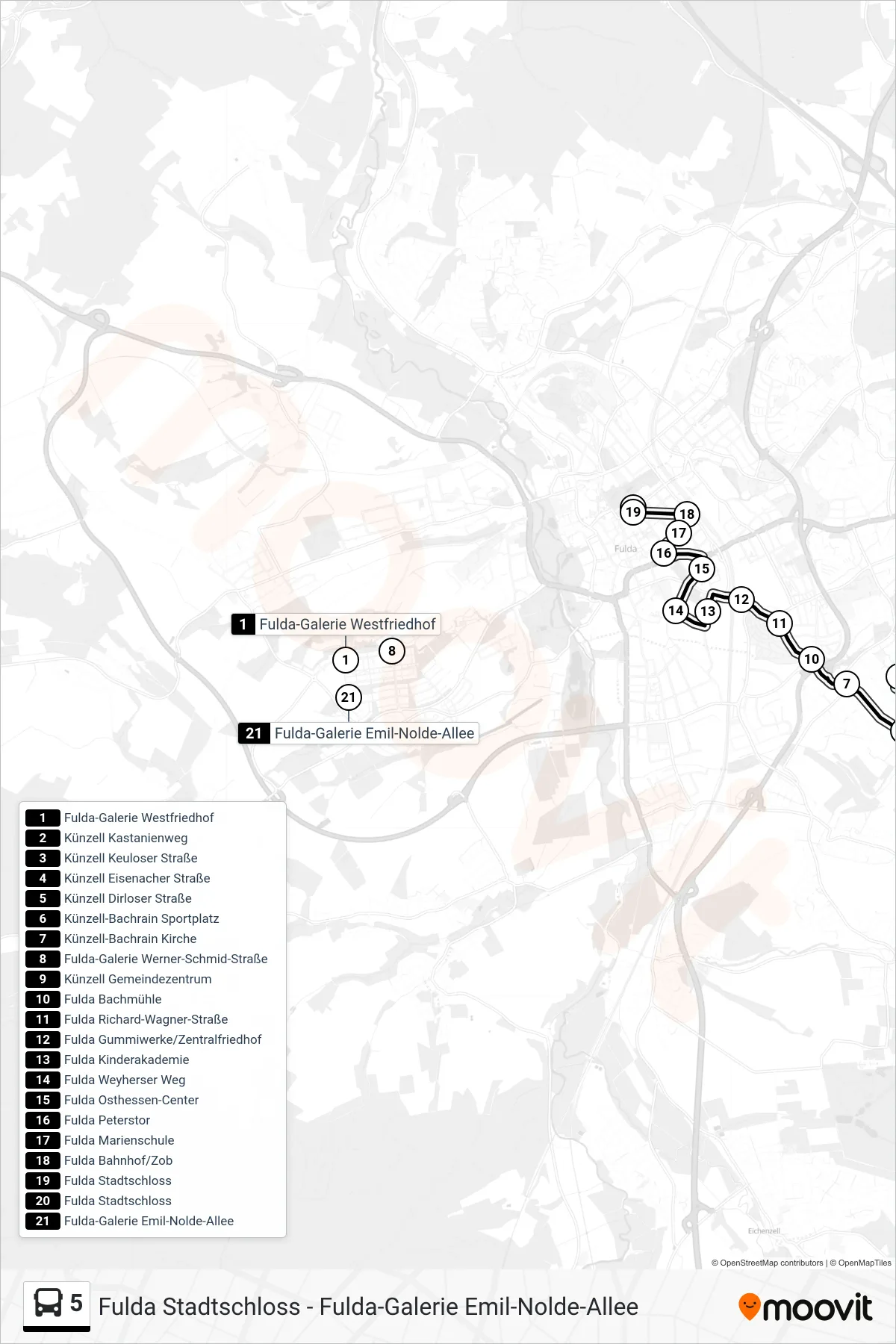 5 bus Line (Stadtschloss) route and stops on a map