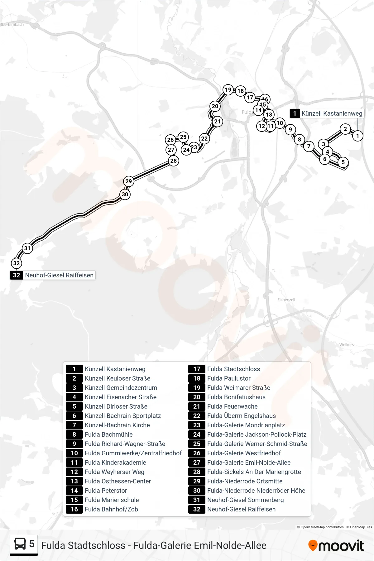 5 bus Line (Neuhof-Giesel Raiffeisen) route and stops on a map