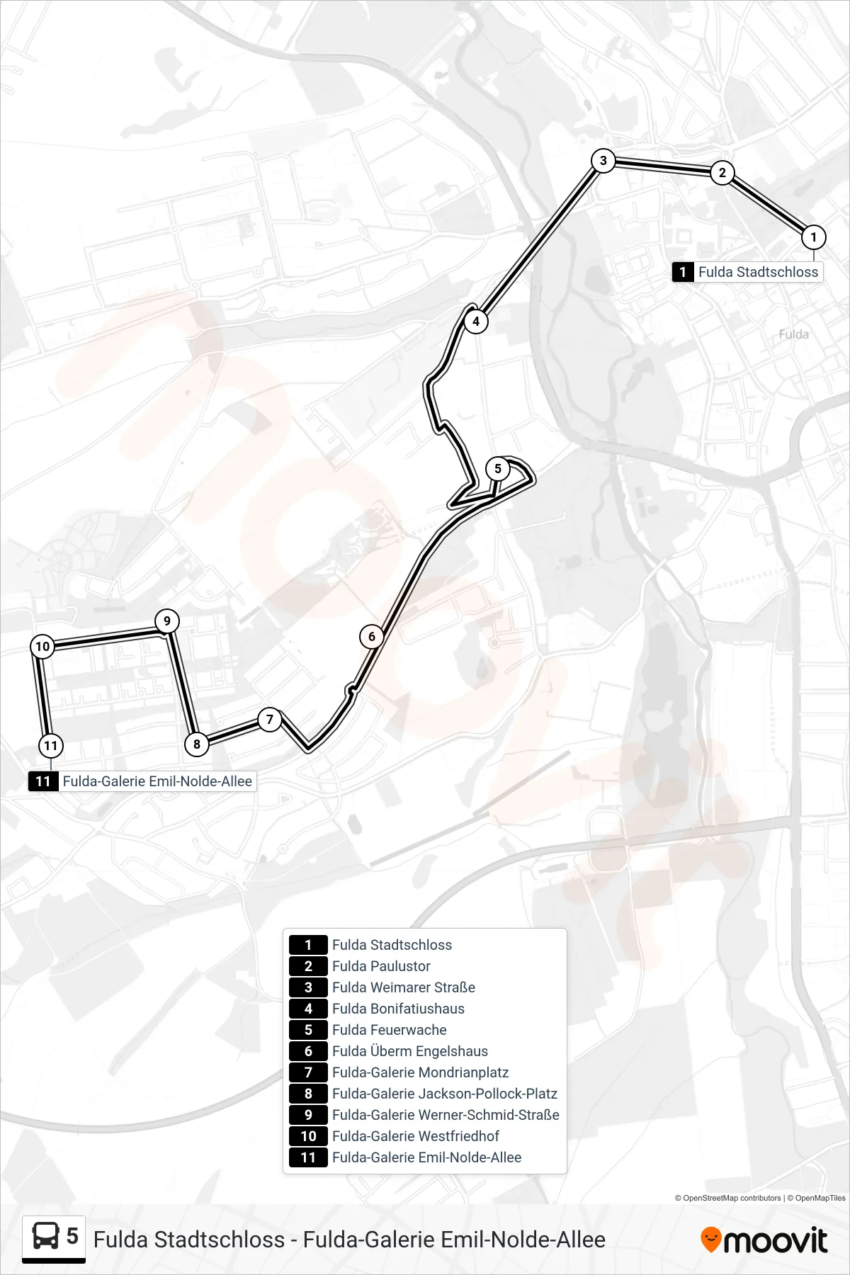 5 bus Line (Fulda-Galerie) route and stops on a map