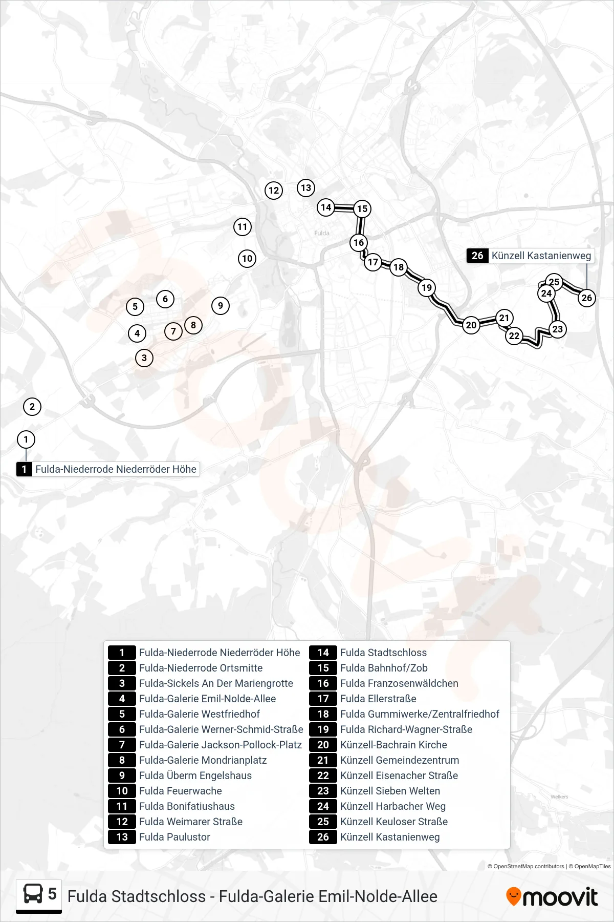5 bus Line (Künzell Kastanienweg) route and stops on a map