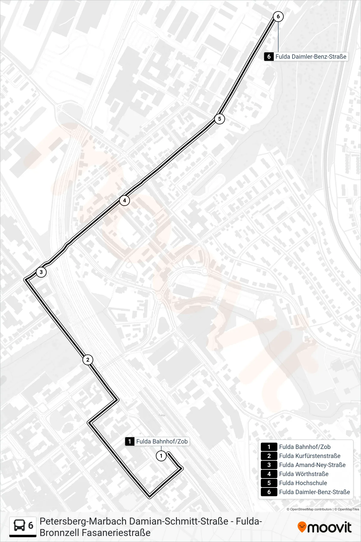 6 bus Line (Fulda Daimler-Benz-Straße) route and stops on a map