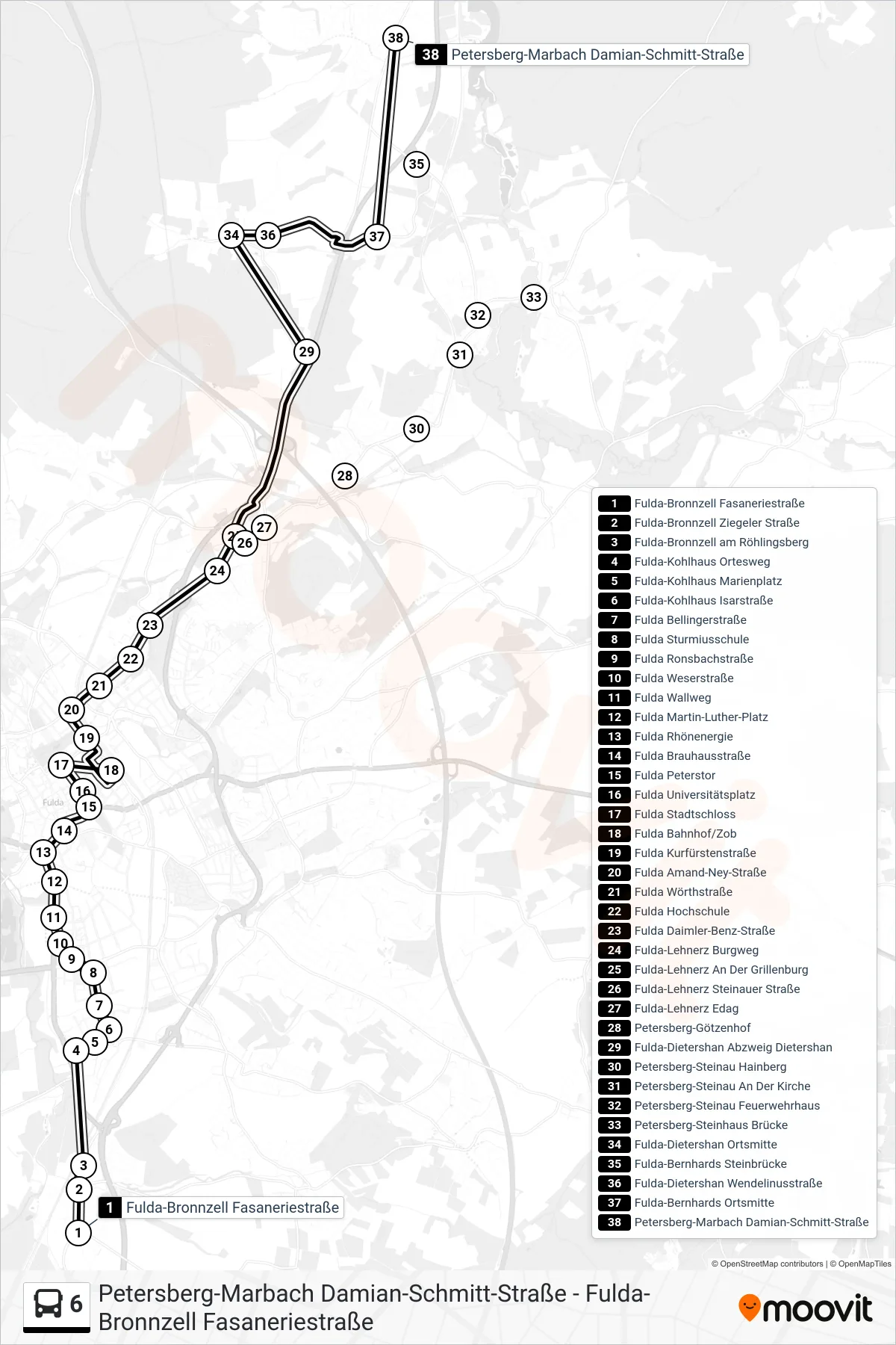 6 bus Line (Marbach) route and stops on a map