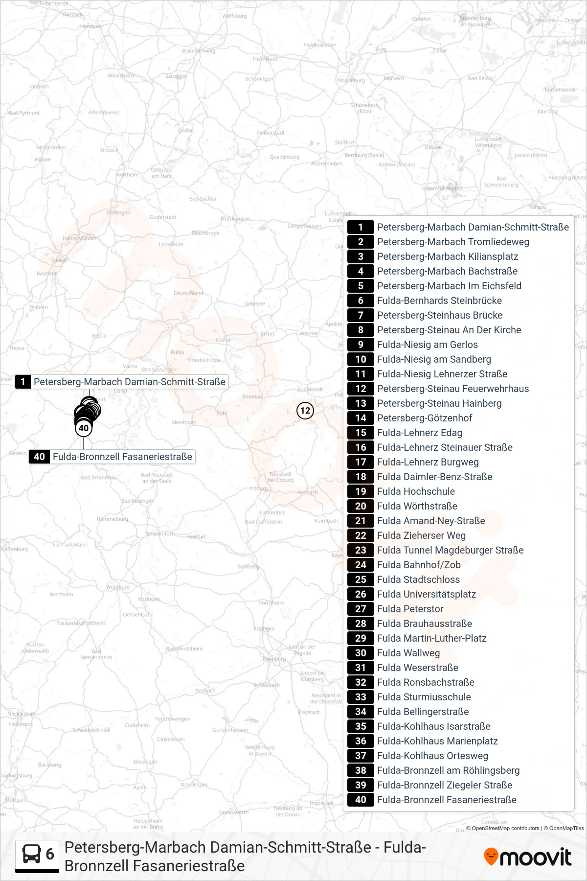 6 bus Line (Fulda-Bronnzell Fasaneriestraße) route and stops on a map