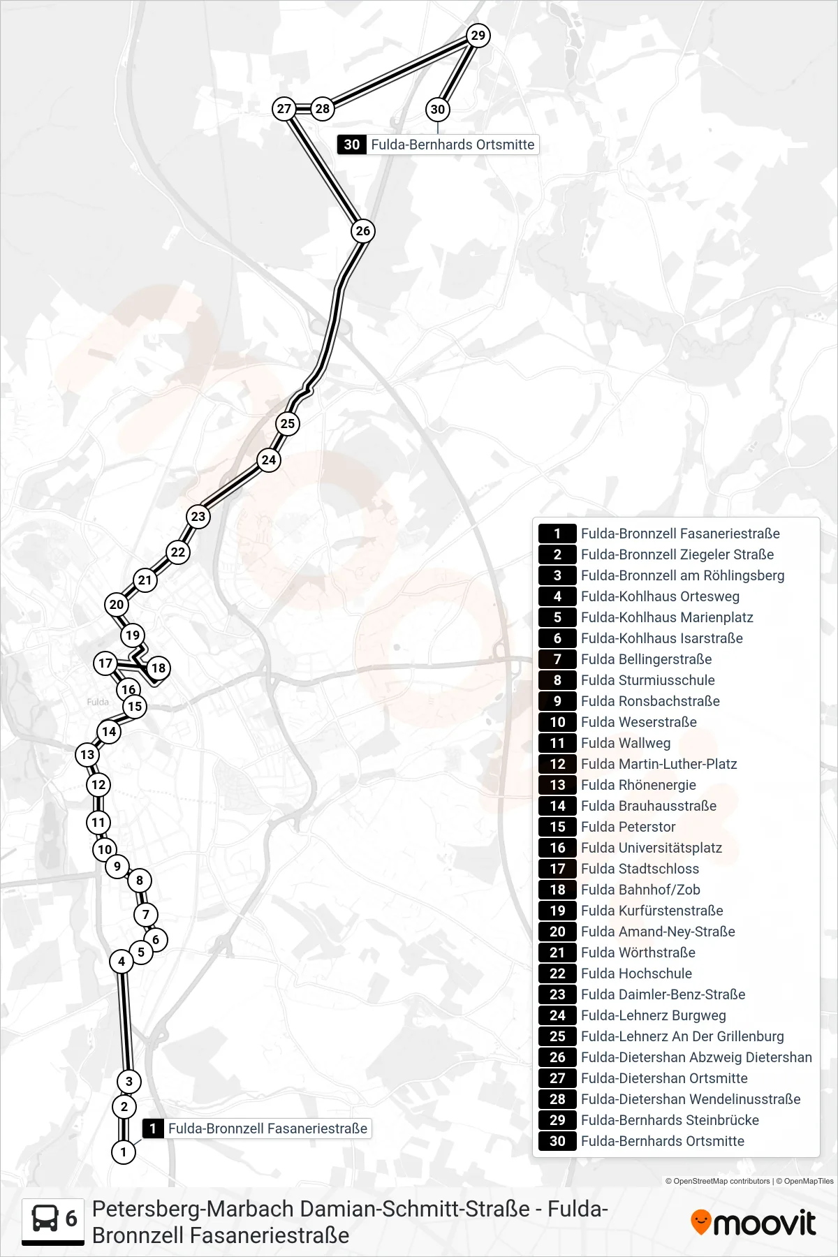 6 bus Line (Bernhards) route and stops on a map