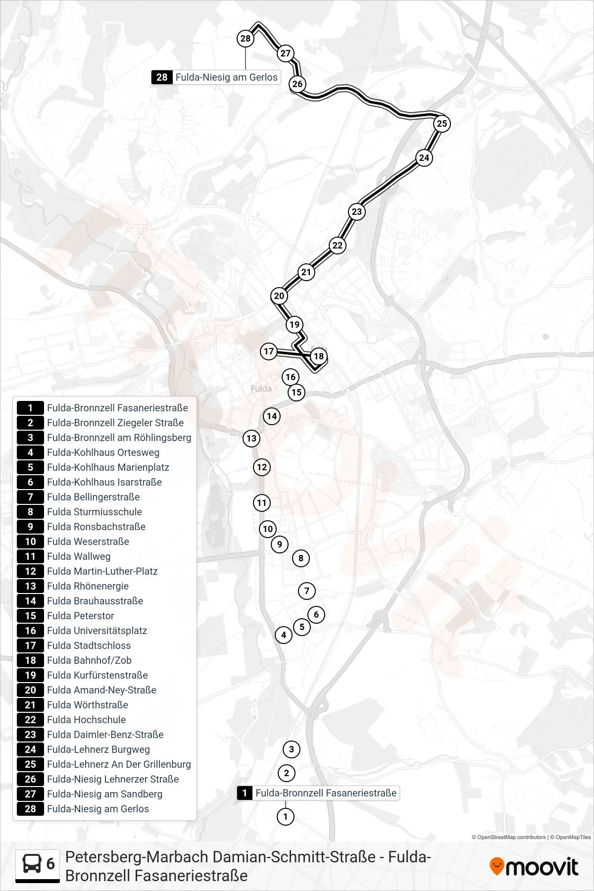 6 bus Line (Niesig) route and stops on a map
