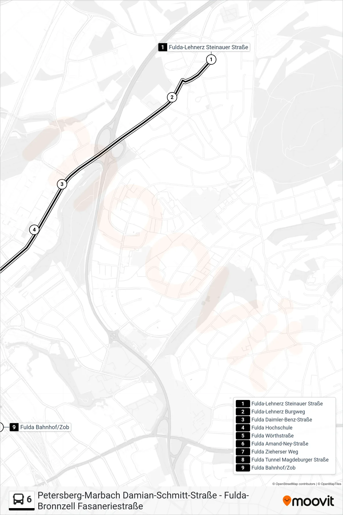 6 bus Line (Bahnhof / ZOB) route and stops on a map