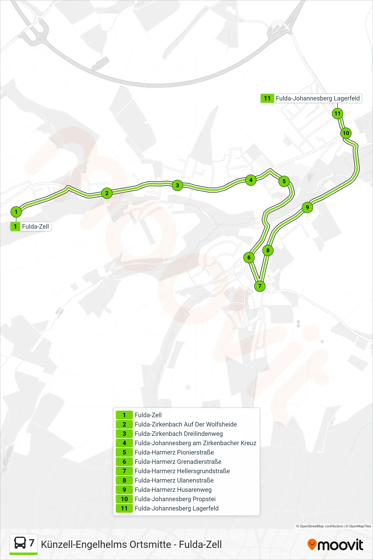 Linie 7 (Bus) Richtung Johannesberg: Route und Haltestellen auf der Karte