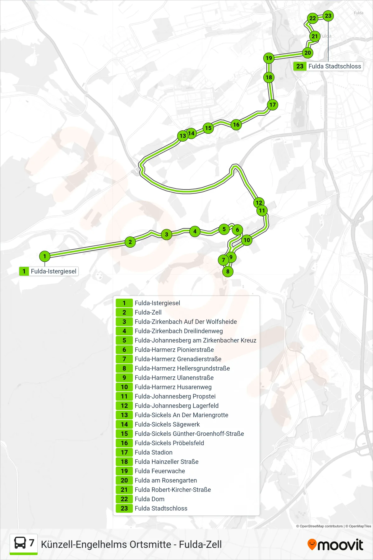 7 bus Line (Stadtschloss) route and stops on a map