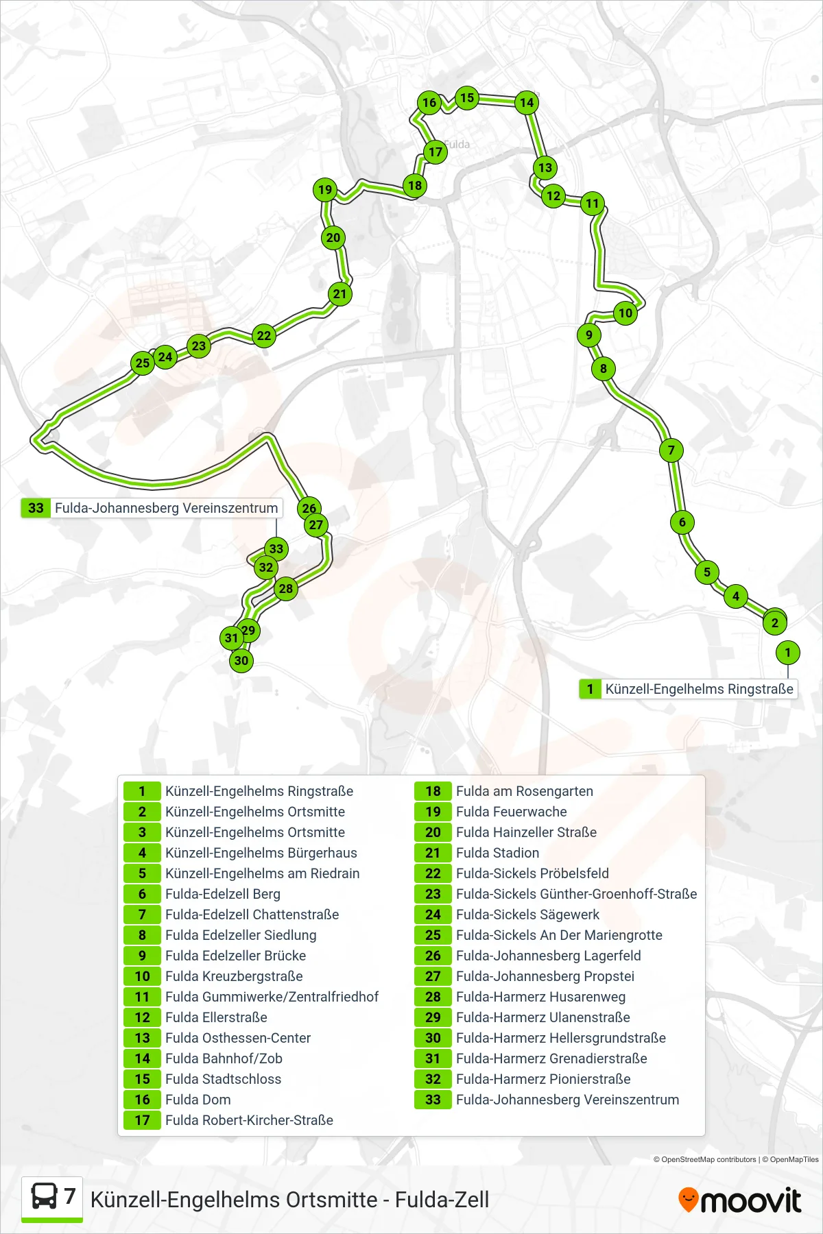 7 bus Line (Johannesberg) route and stops on a map
