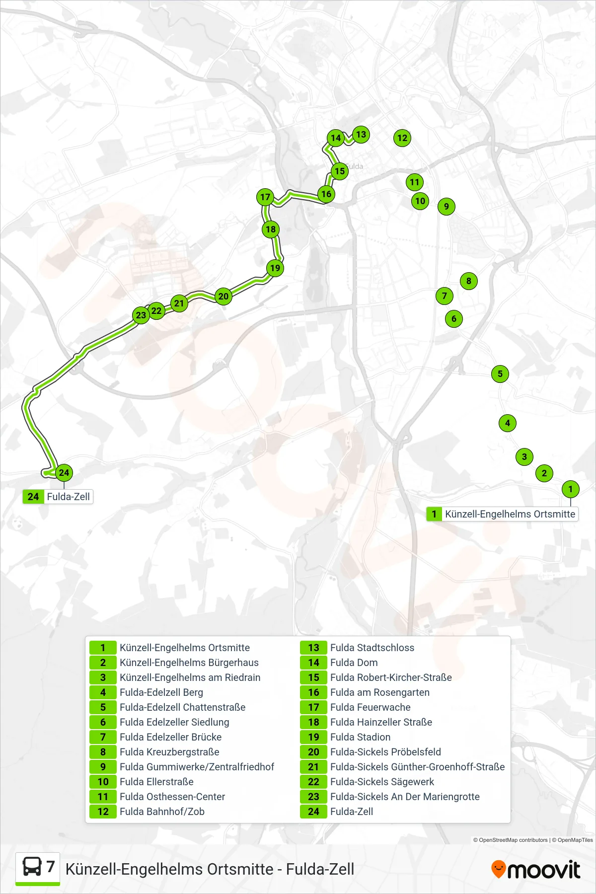 7 bus Line (Zell) route and stops on a map
